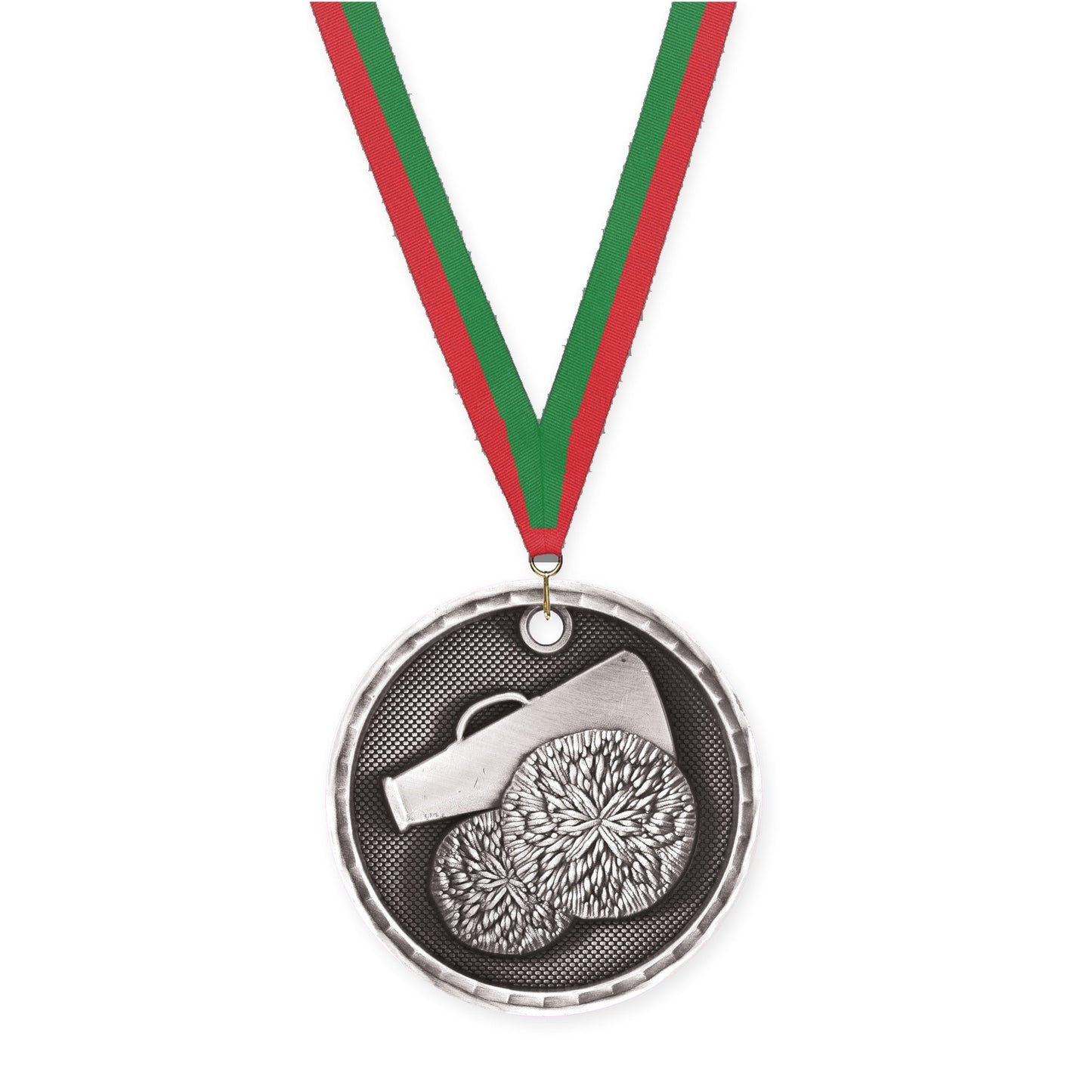 2 inch cheerleading 3-D medal in antique silver with Red Green neck ribbon