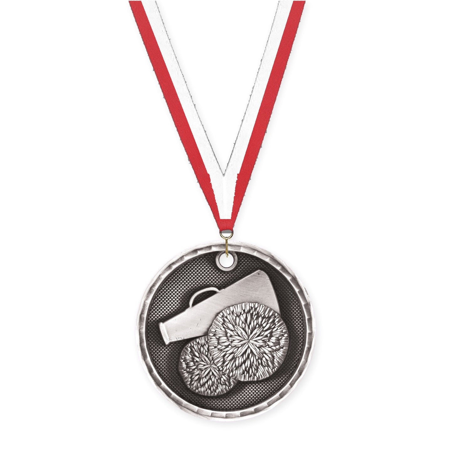 2 inch cheerleading 3-D medal in antique silver with Red White neck ribbon