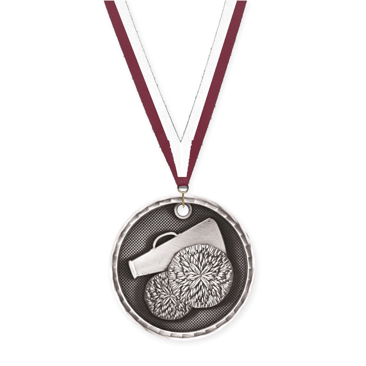 2 inch cheerleading 3-D medal in antique silver with Maroon White neck ribbon