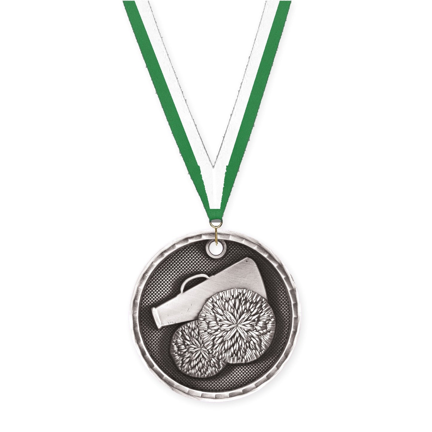 2 inch cheerleading 3-D medal in antique silver with Green White neck ribbon