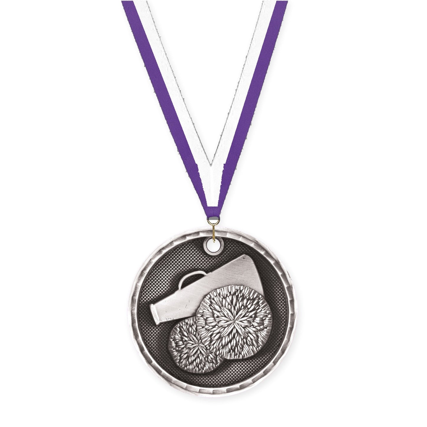 2 inch cheerleading 3-D medal in antique silver with Purple White neck ribbon
