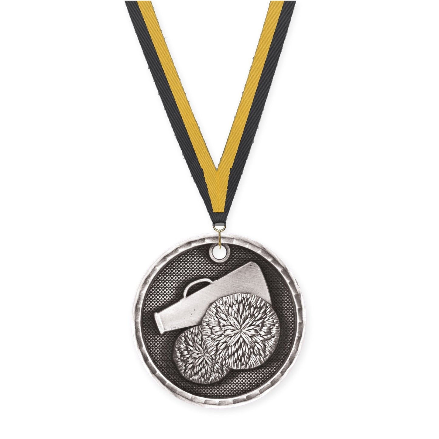 2 inch cheerleading 3-D medal in antique silver with Black Gold neck ribbon