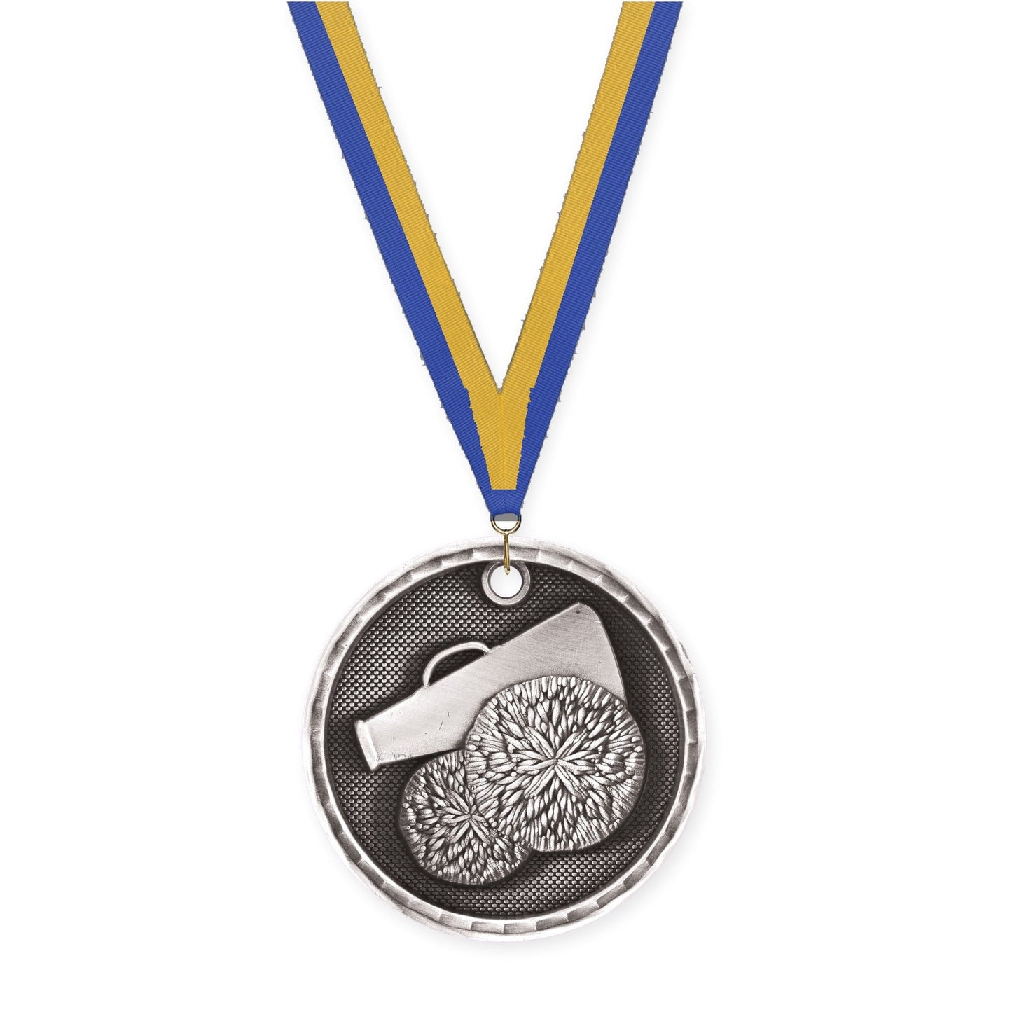 2 inch cheerleading 3-D medal in antique silver with Blue Gold neck ribbon