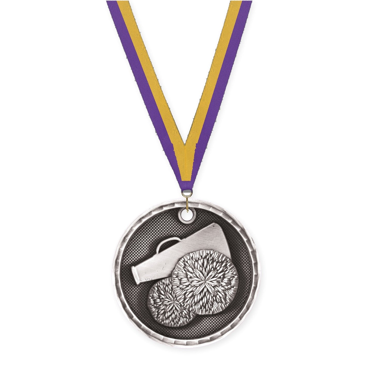 2 inch cheerleading 3-D medal in antique silver with Purple Gold neck ribbon