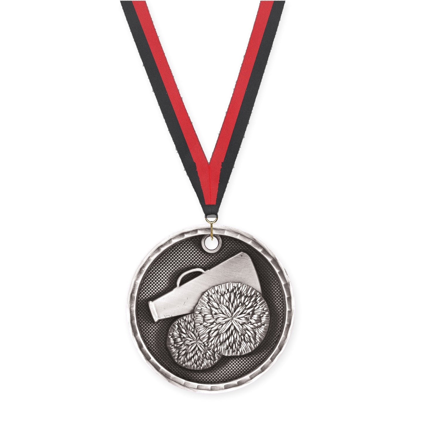 2 inch cheerleading 3-D medal in antique silver with Black Red neck ribbon