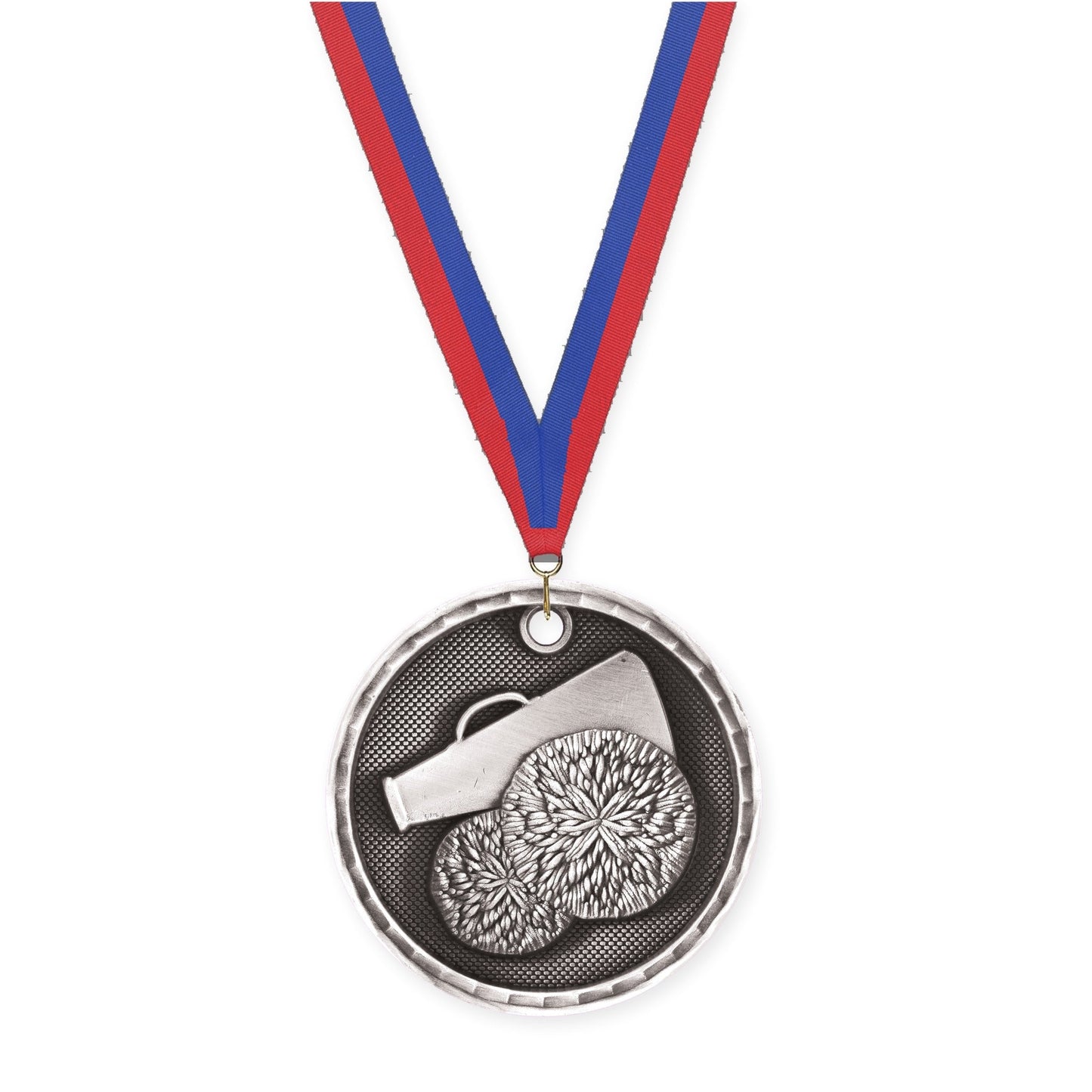 2 inch cheerleading 3-D medal in antique silver with Blue Red neck ribbon