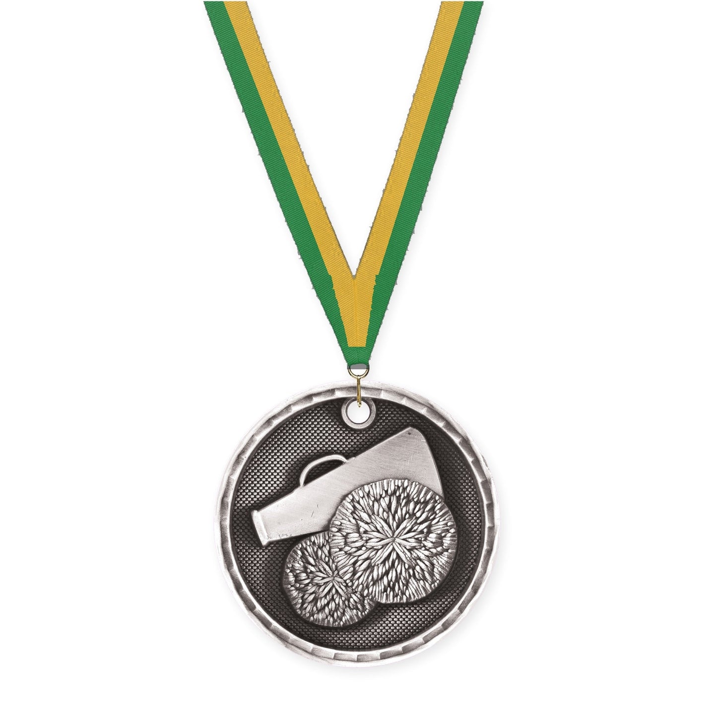 2 inch cheerleading 3-D medal in antique silver with Green Gold neck ribbon
