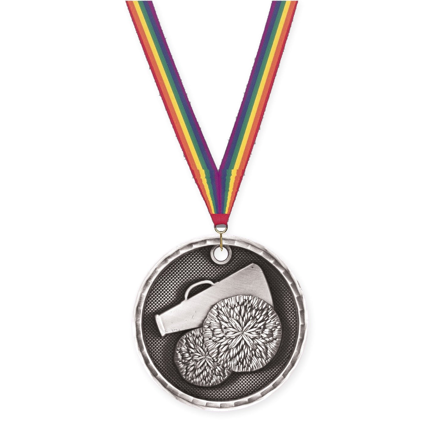 2 inch cheerleading 3-D medal in antique silver with Rainbow neck ribbon
