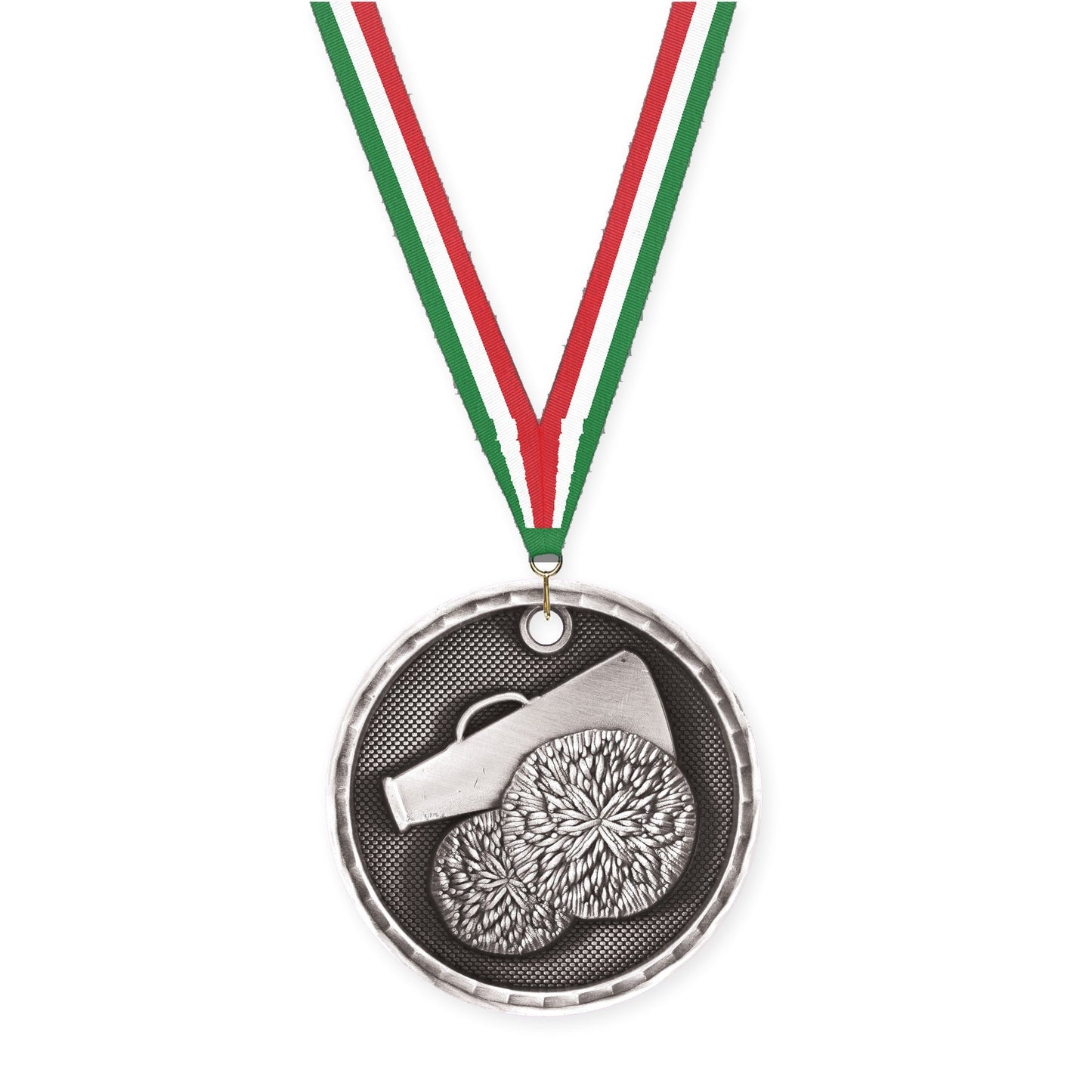 2 inch cheerleading 3-D medal in antique silver with Green White Red neck ribbon