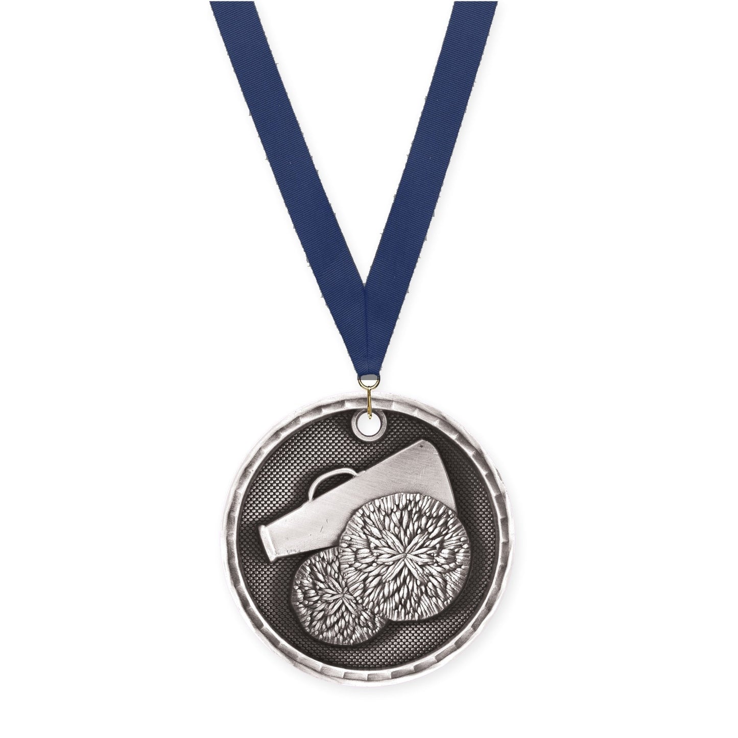 2 inch cheerleading 3-D medal in antique silver with Navy neck ribbon