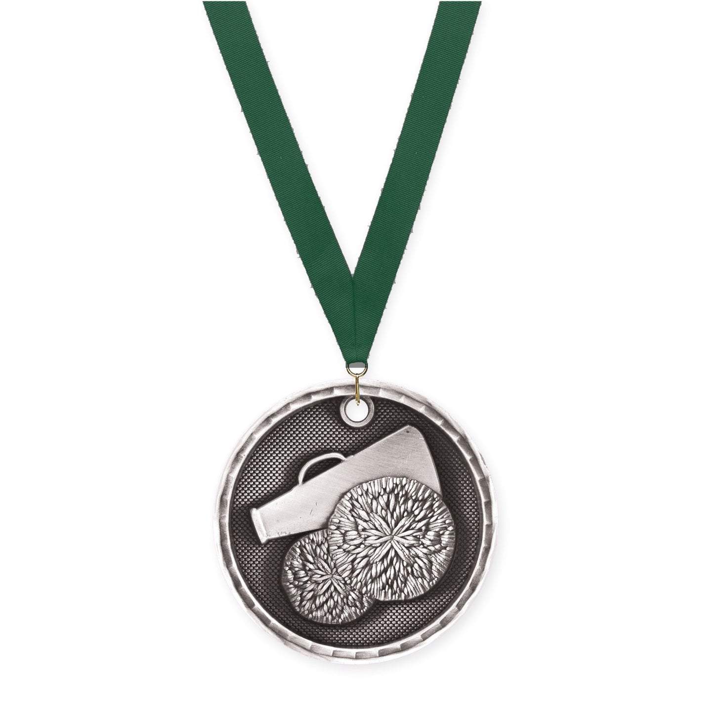 2 inch cheerleading 3-D medal in antique silver with Hunter Green neck ribbon