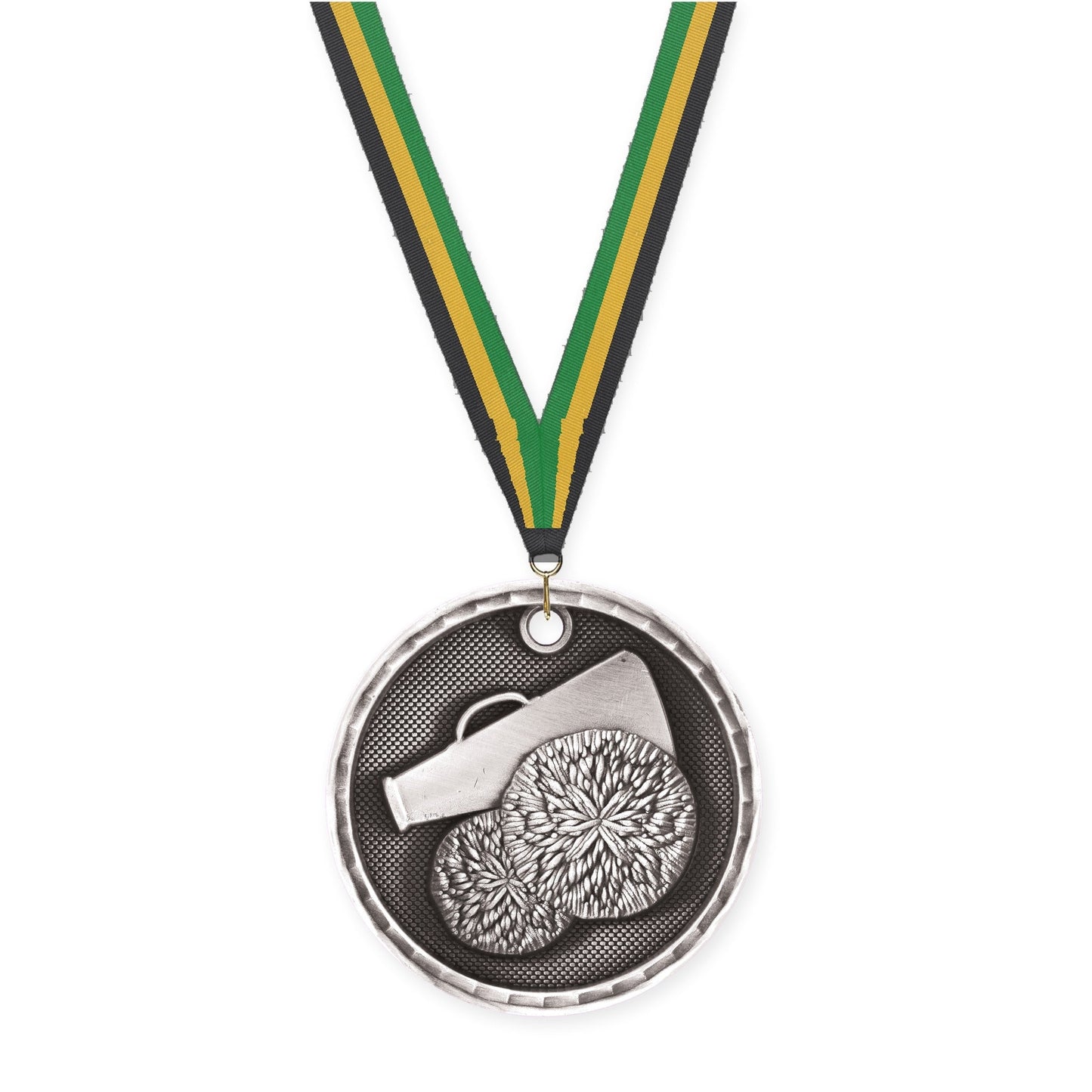 2 inch cheerleading 3-D medal in antique silver with Black Gold Green neck ribbon