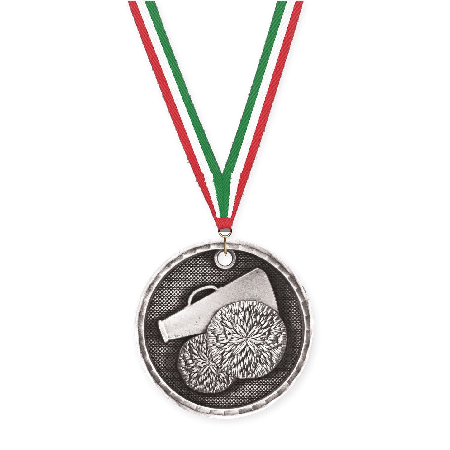 2 inch cheerleading 3-D medal in antique silver with Red White Green neck ribbon