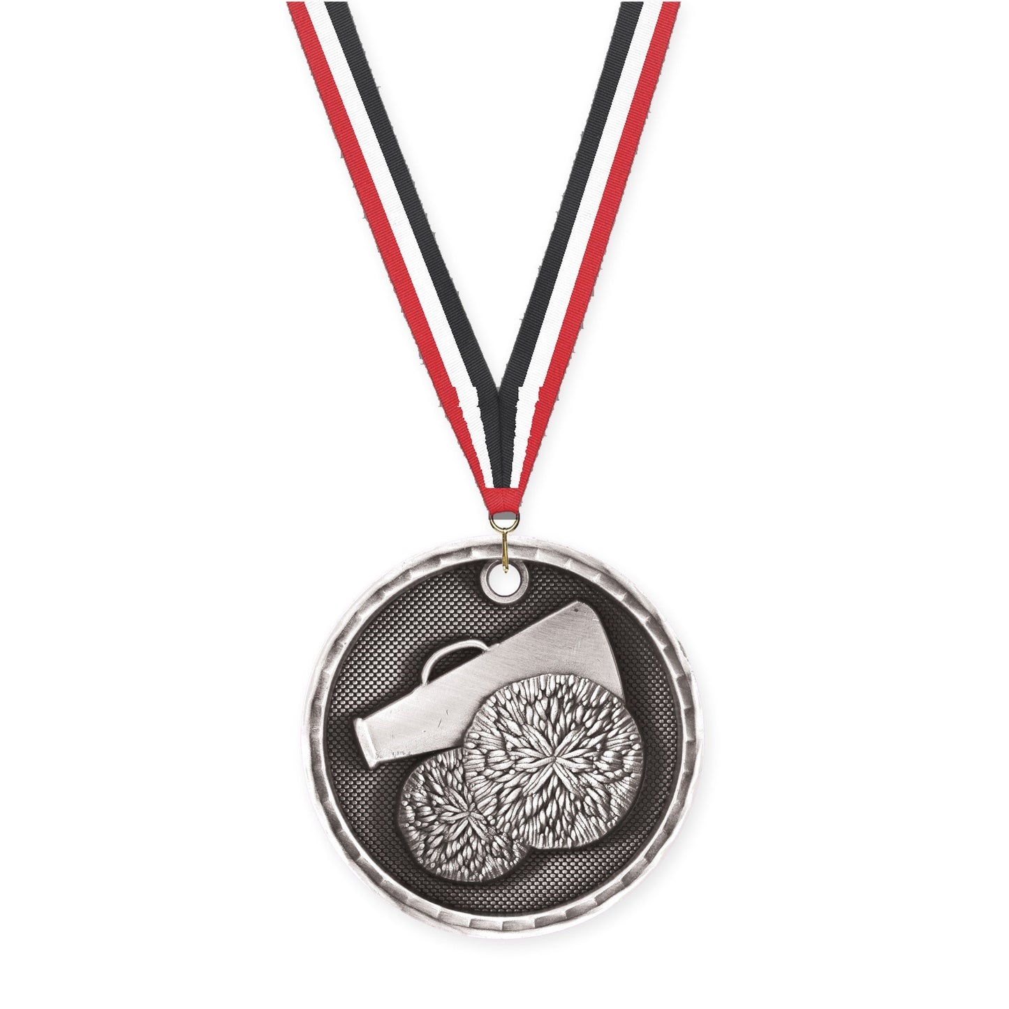 2 inch cheerleading 3-D medal in antique silver with Red White Black neck ribbon