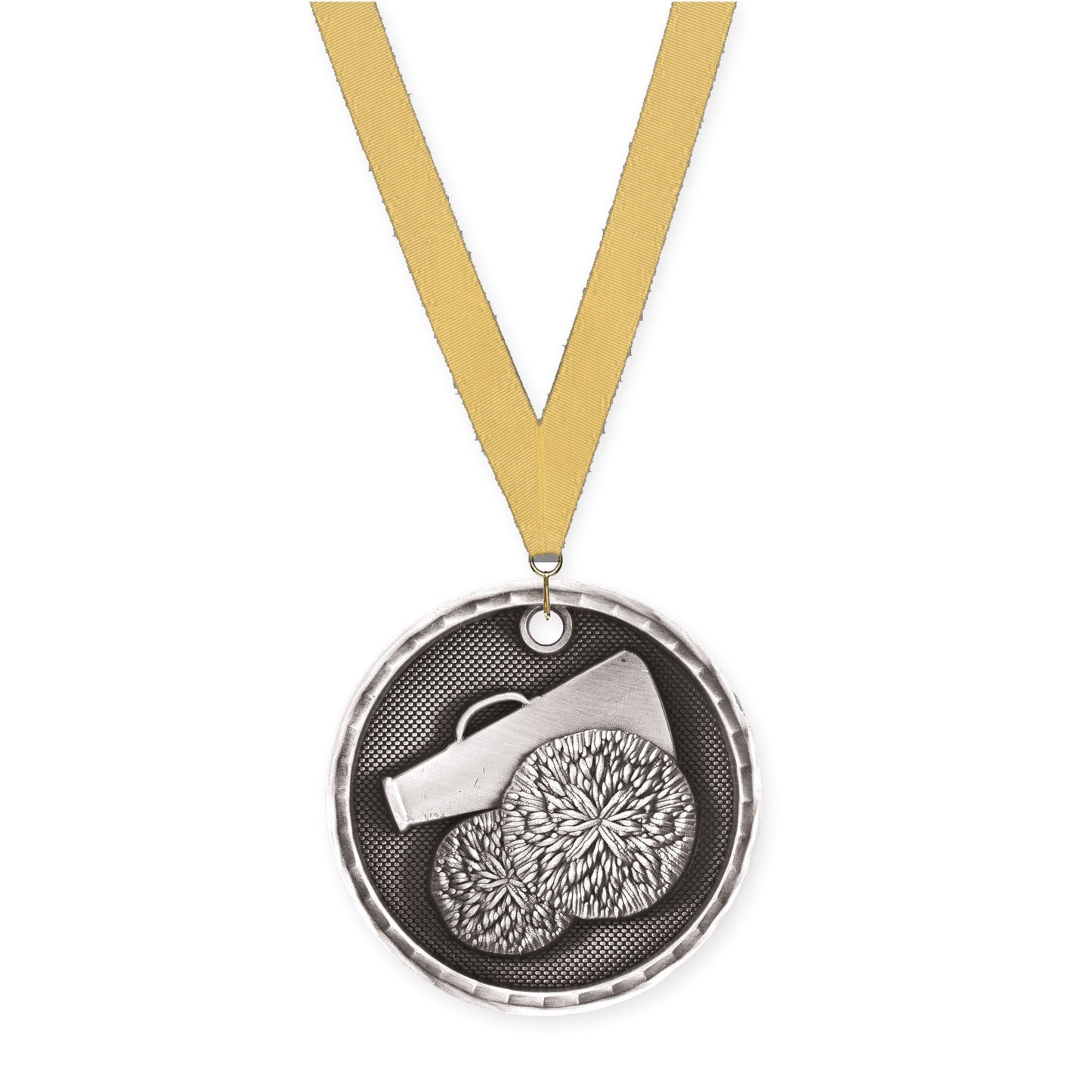 2 inch cheerleading 3-D medal in antique silver with Gold Metallic neck ribbon