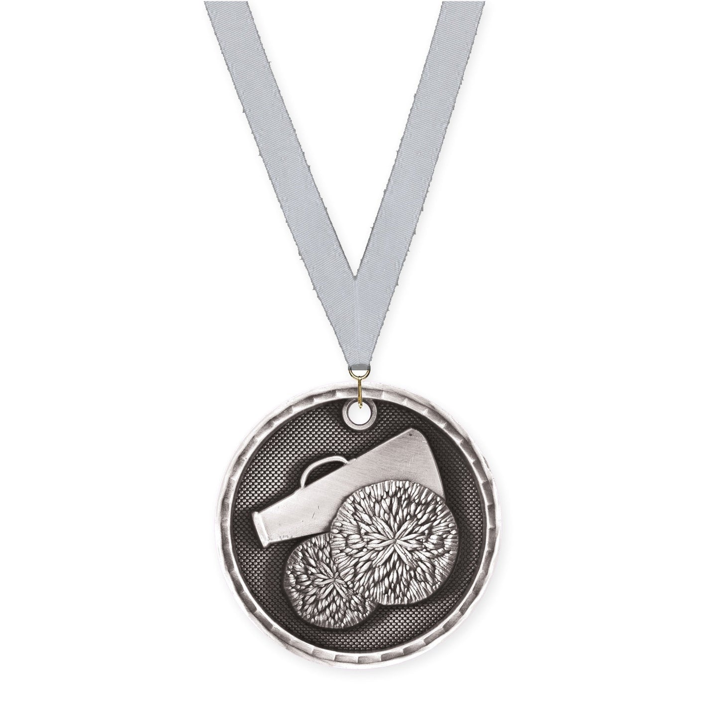 2 inch cheerleading 3-D medal in antique silver with Silver Metallic neck ribbon