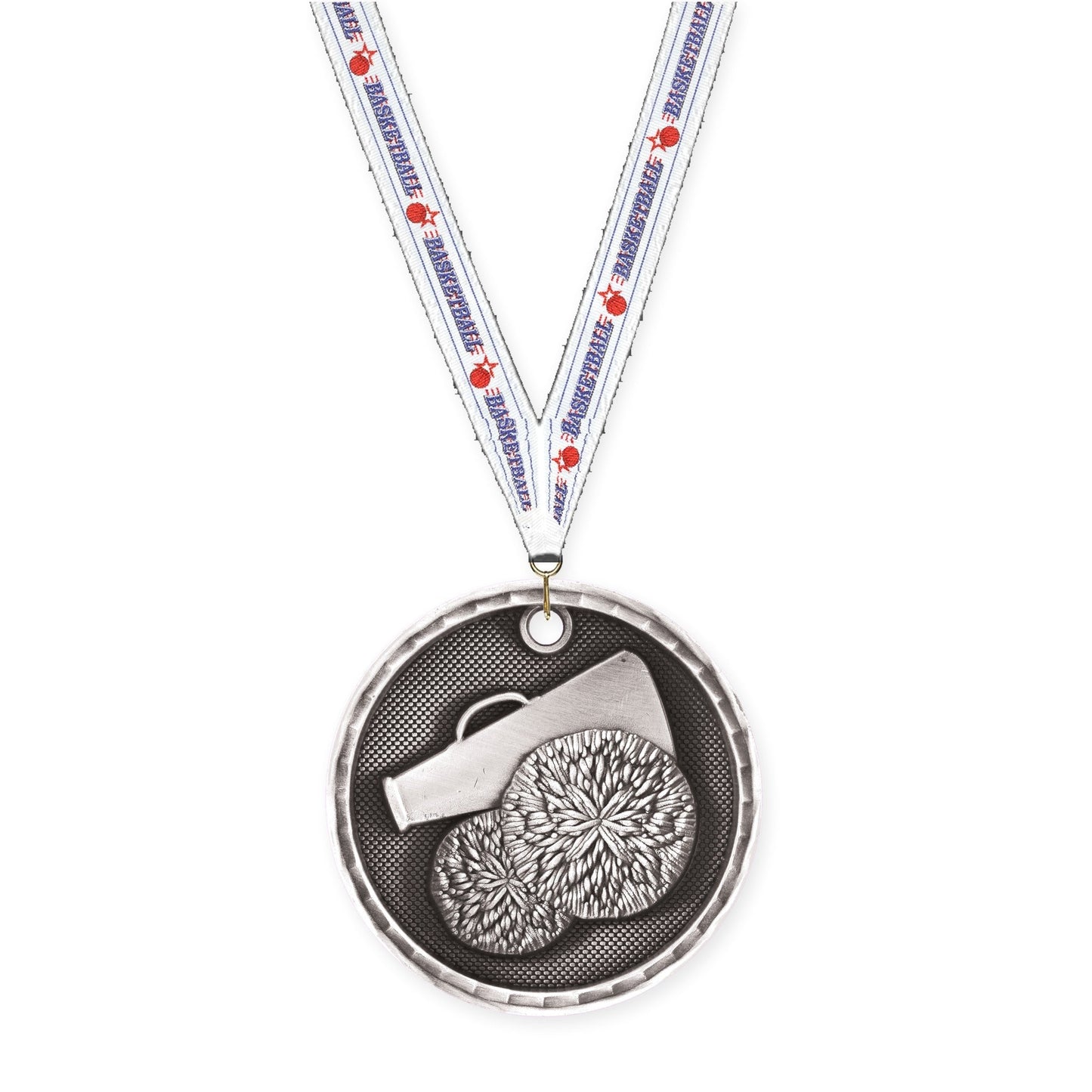2 inch cheerleading 3-D medal in antique silver with Basketball neck ribbon