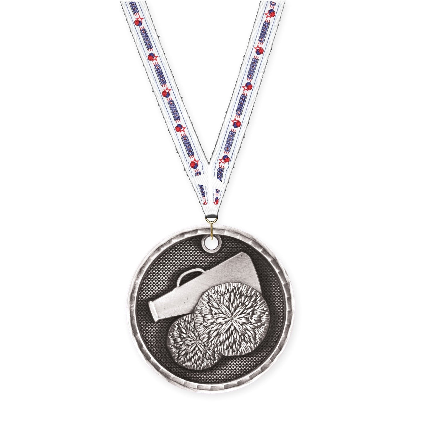 2 inch cheerleading 3-D medal in antique silver with Cheerleading neck ribbon