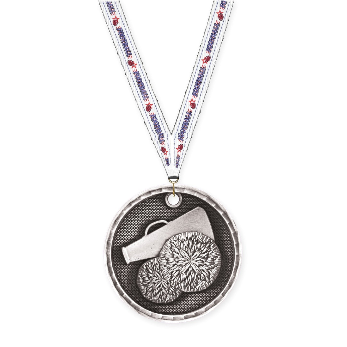 2 inch cheerleading 3-D medal in antique silver with Football neck ribbon