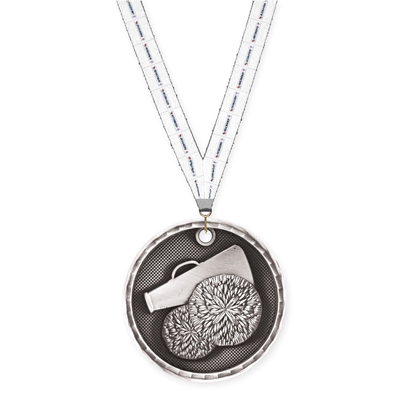 2 inch cheerleading 3-D medal in antique silver with Gymnastics neck ribbon