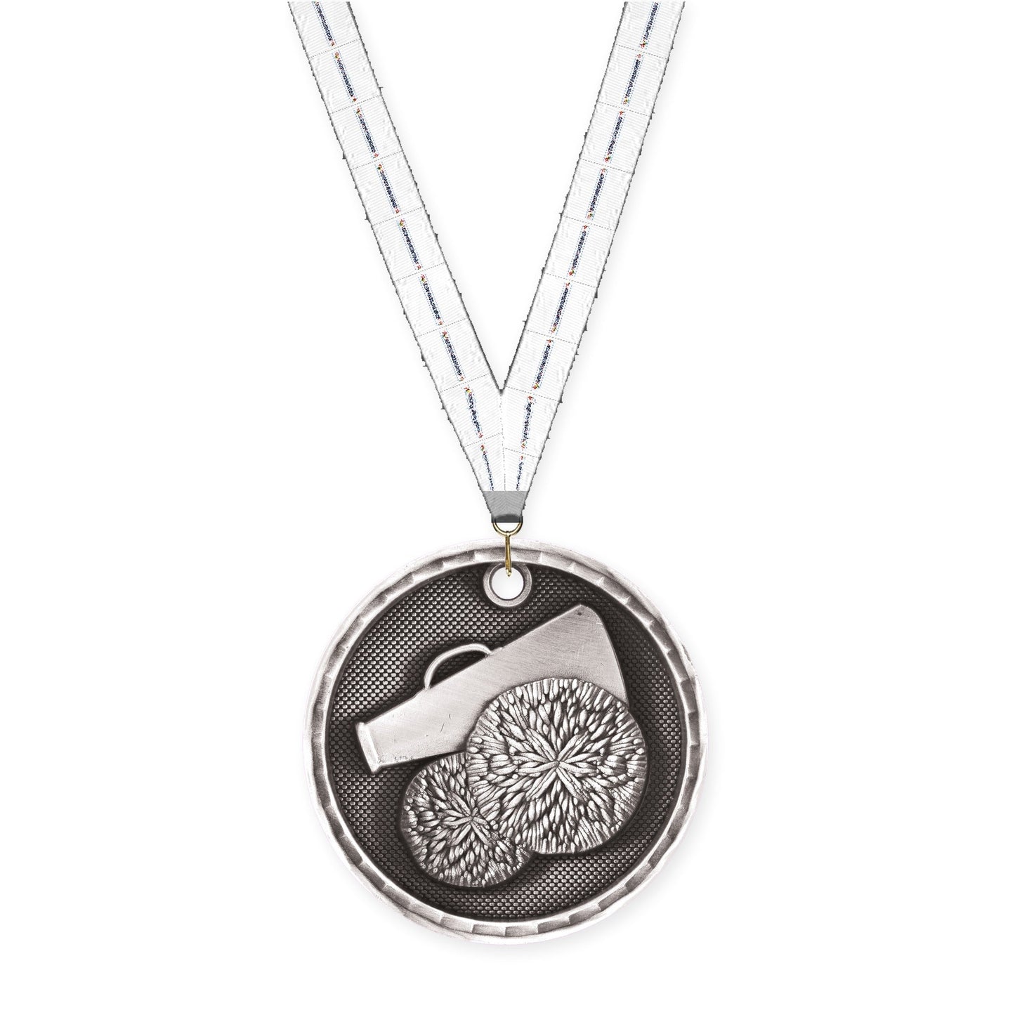 2 inch cheerleading 3-D medal in antique silver with Lamp Of Knowledge neck ribbon
