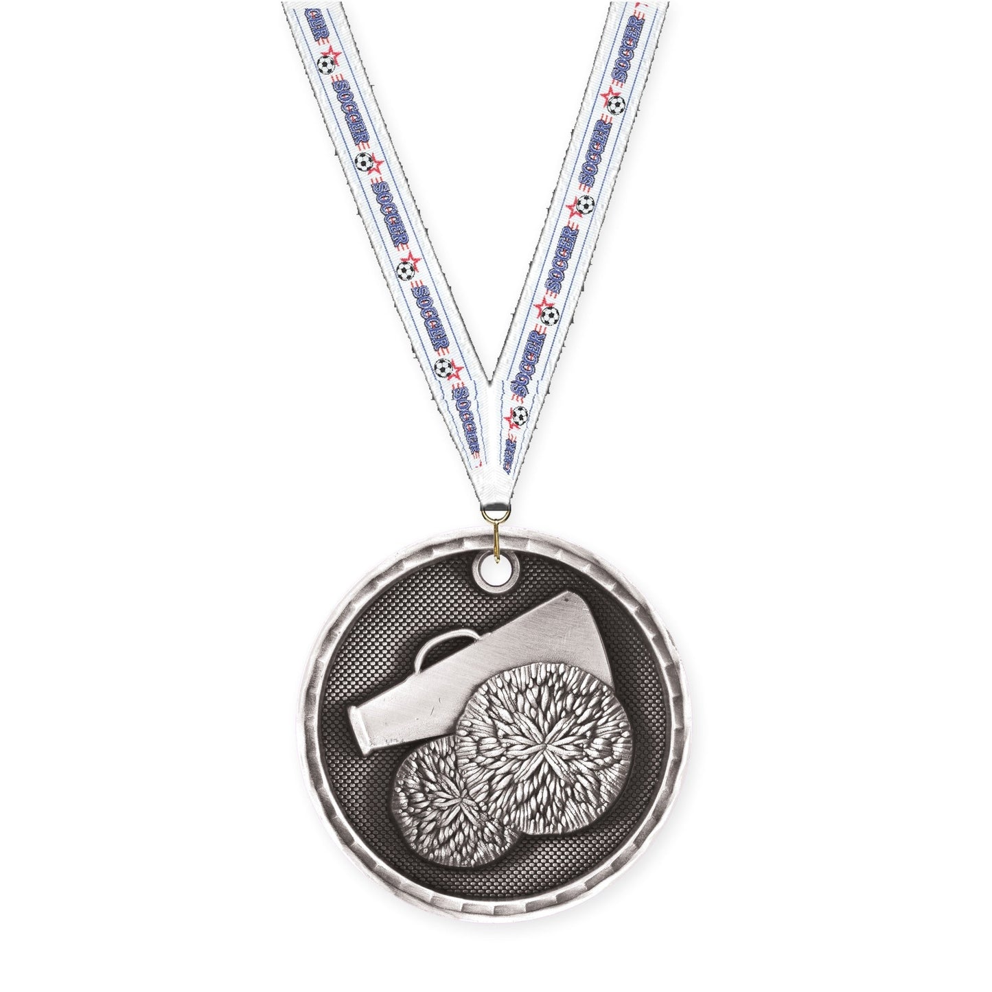 2 inch cheerleading 3-D medal in antique silver with Soccer neck ribbon