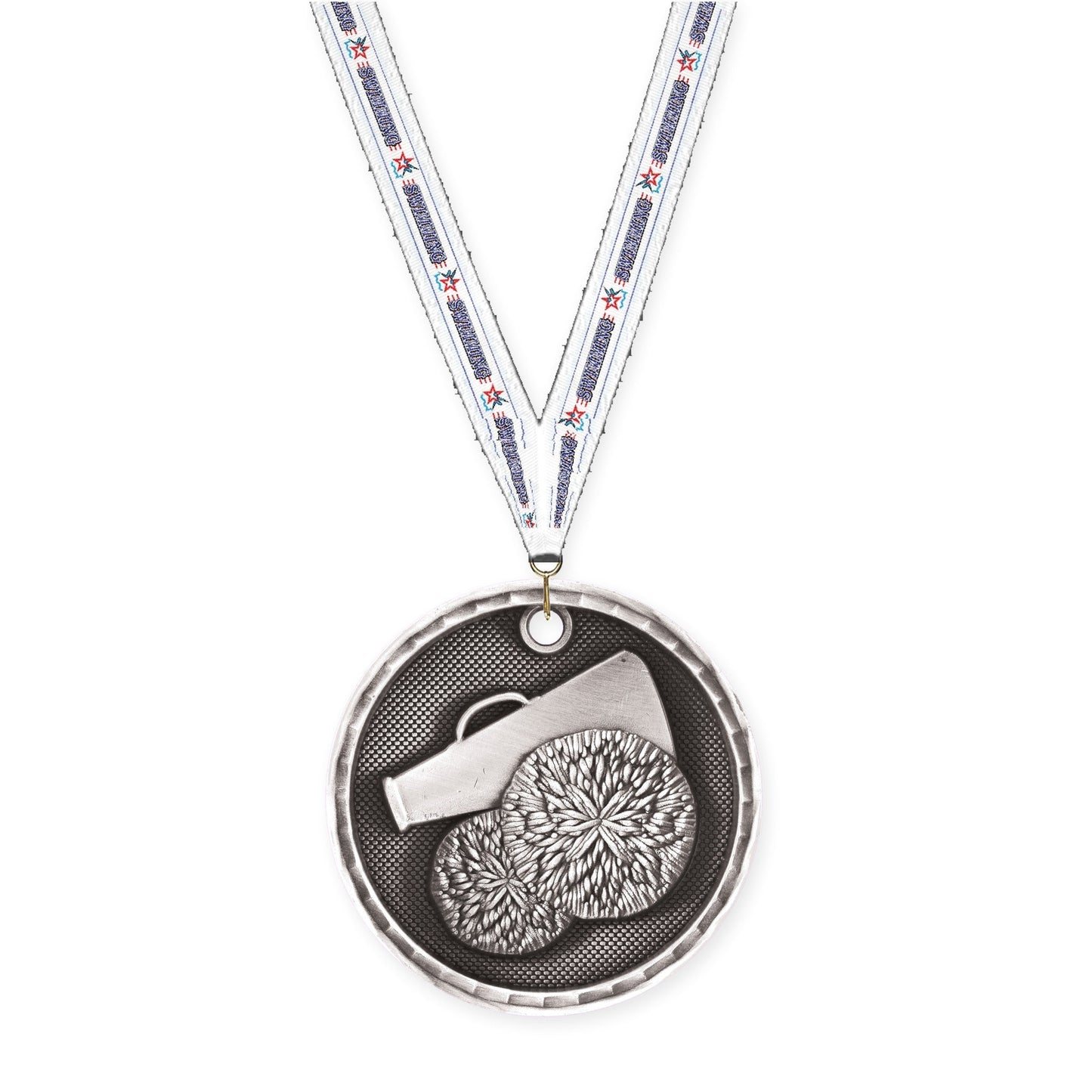 2 inch cheerleading 3-D medal in antique silver with Swimming neck ribbon