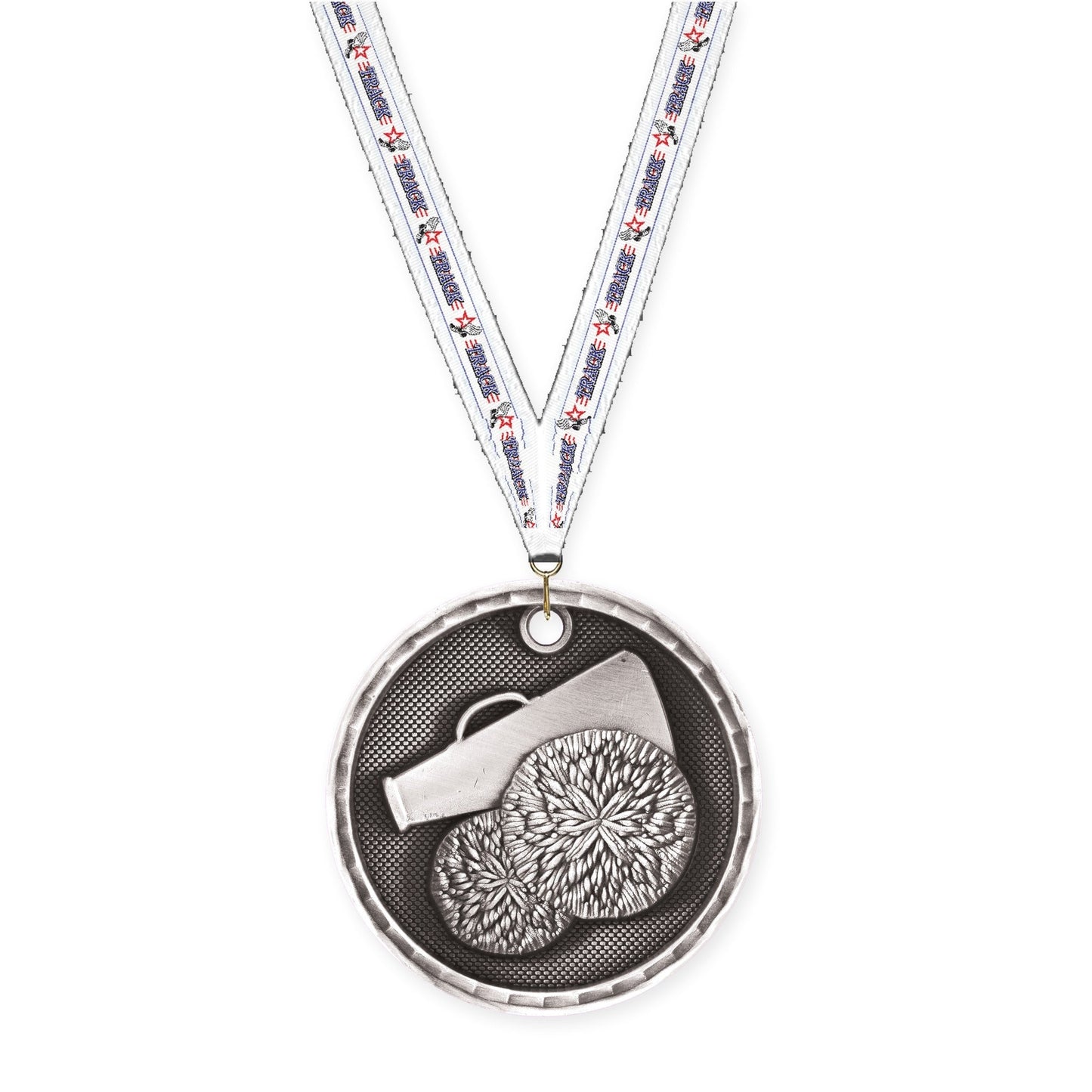 2 inch cheerleading 3-D medal in antique silver with Track neck ribbon