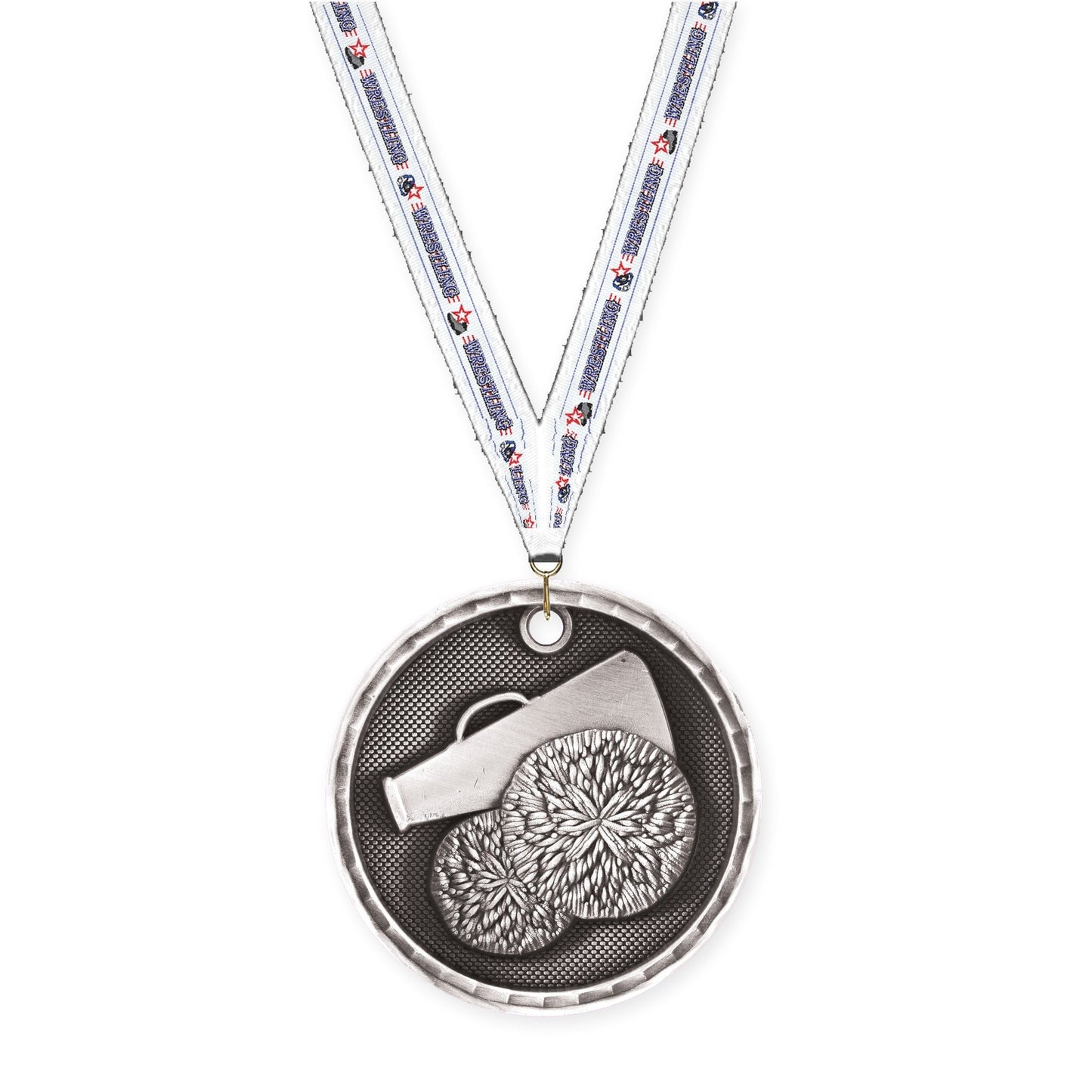 2 inch cheerleading 3-D medal in antique silver with Wrestling neck ribbon