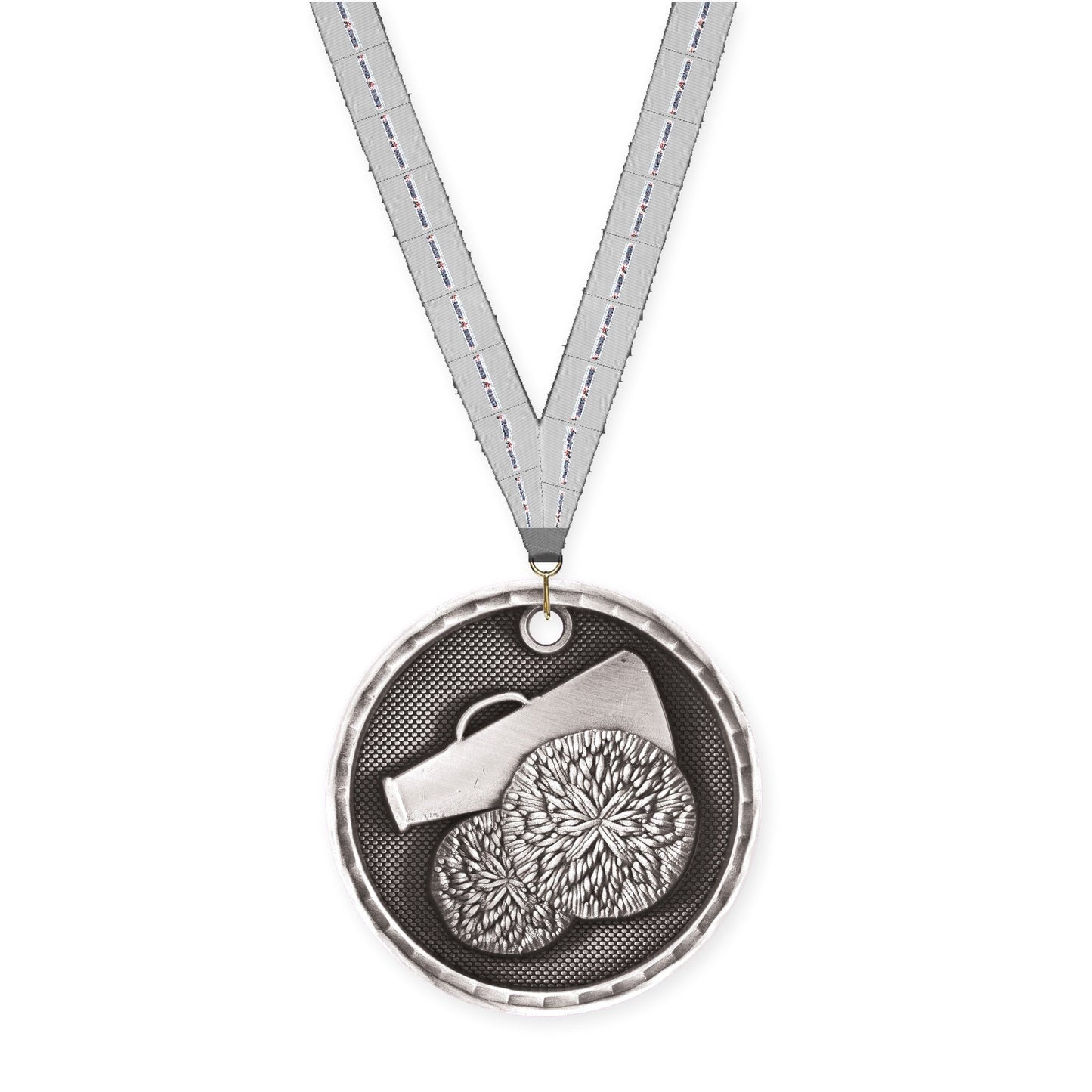 2 inch cheerleading 3-D medal in antique silver with Auto Racing neck ribbon