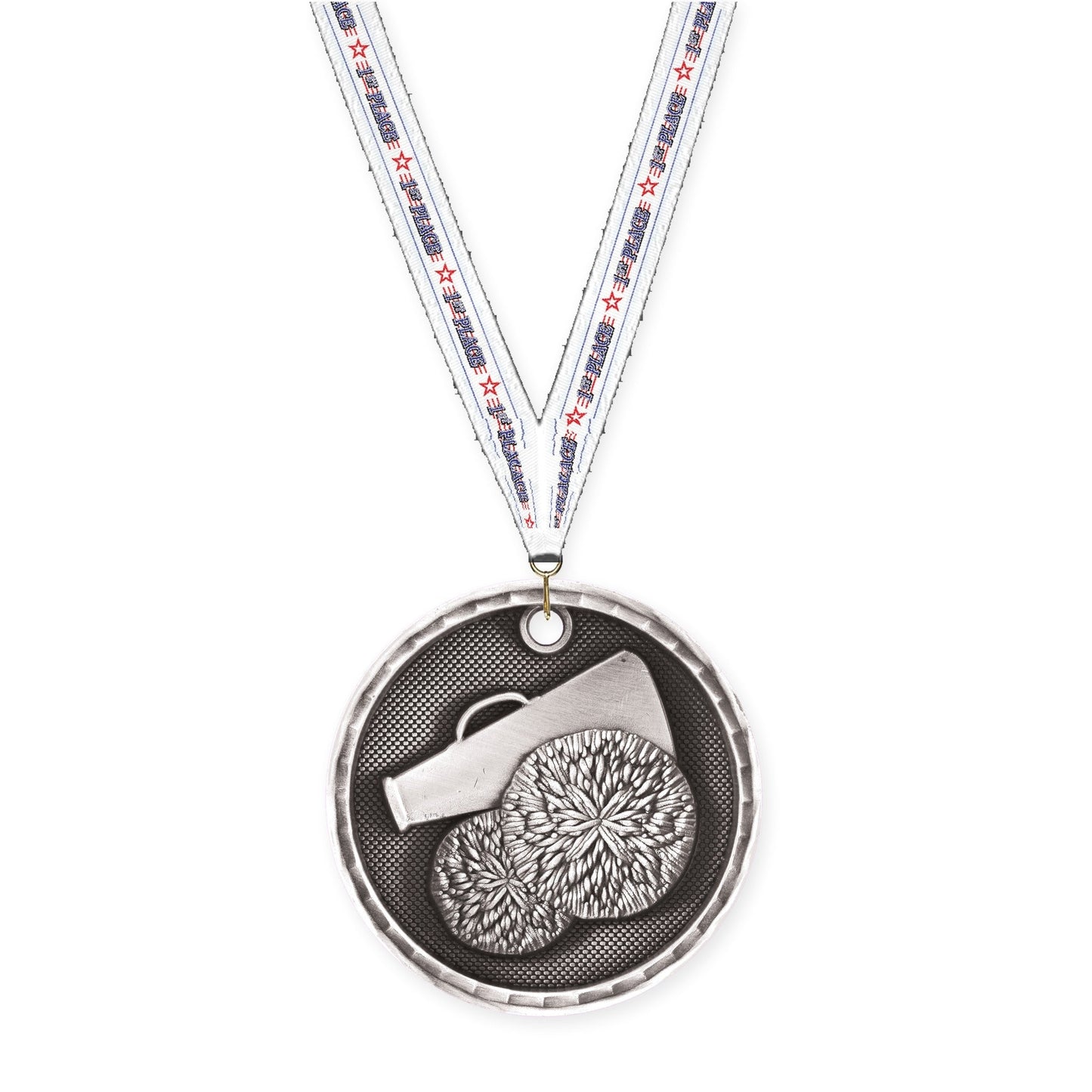 2 inch cheerleading 3-D medal in antique silver with 1st Place neck ribbon