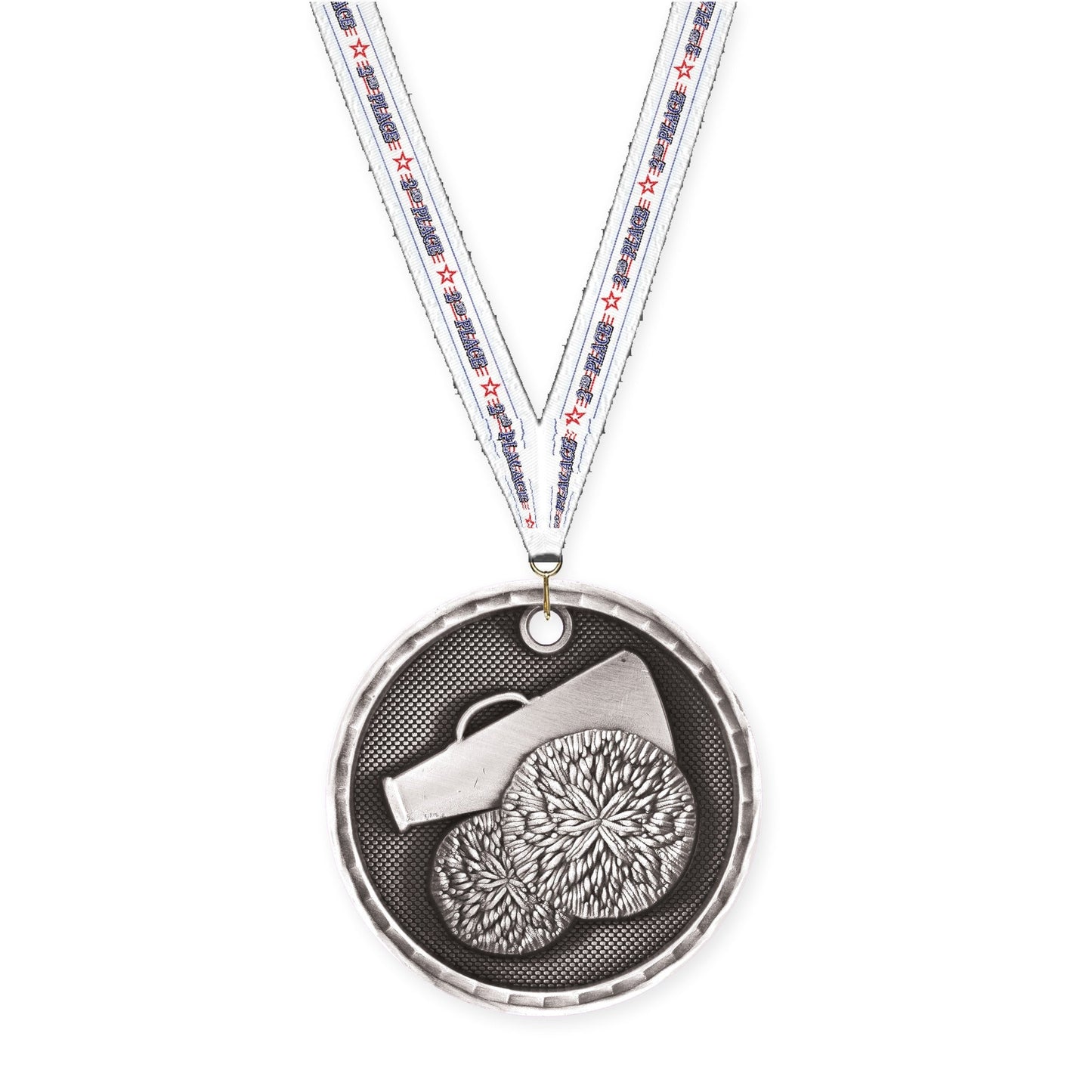 2 inch cheerleading 3-D medal in antique silver with 2nd Place neck ribbon