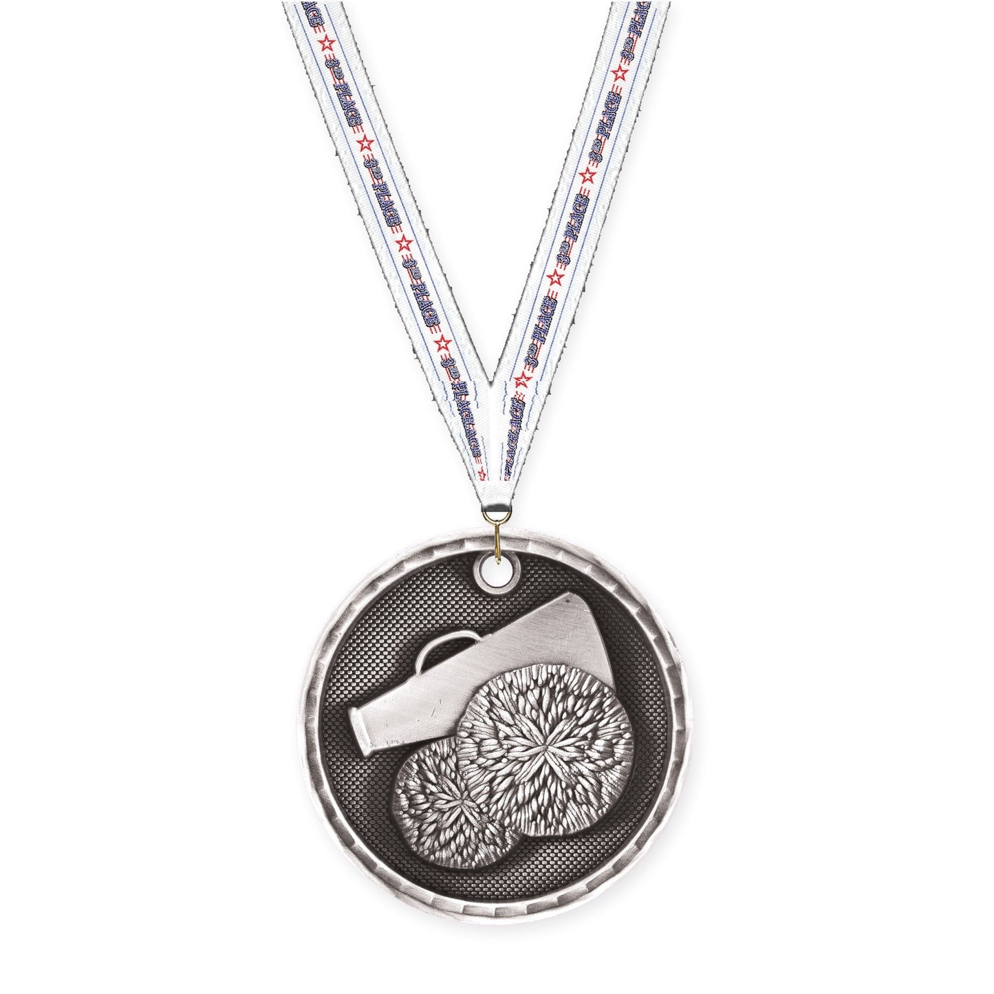 2 inch cheerleading 3-D medal in antique silver with 3rd Place neck ribbon