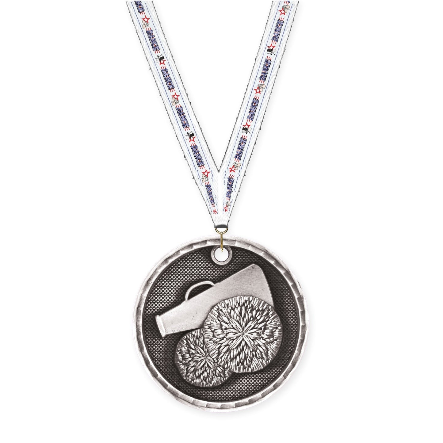 2 inch cheerleading 3-D medal in antique silver with Dance neck ribbon