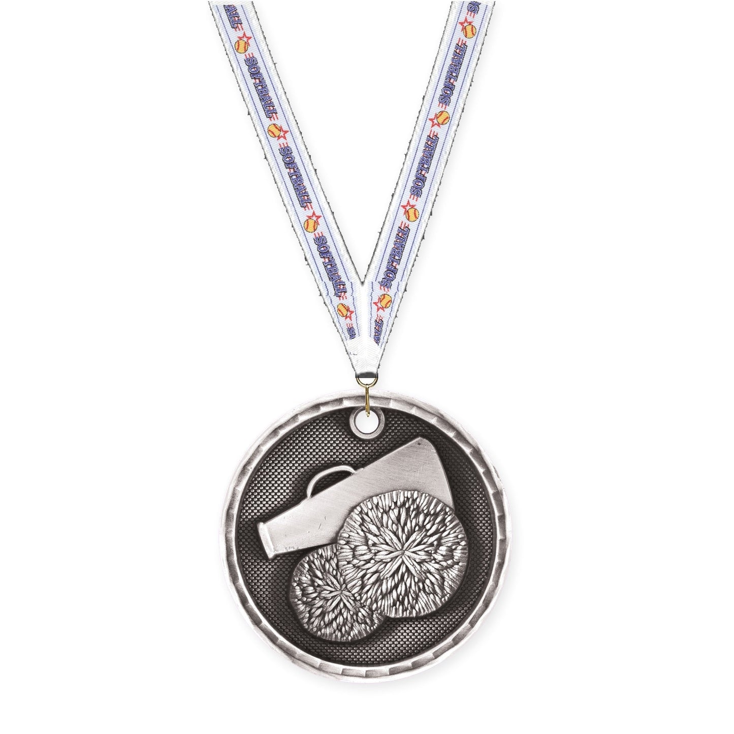 2 inch cheerleading 3-D medal in antique silver with Softball neck ribbon