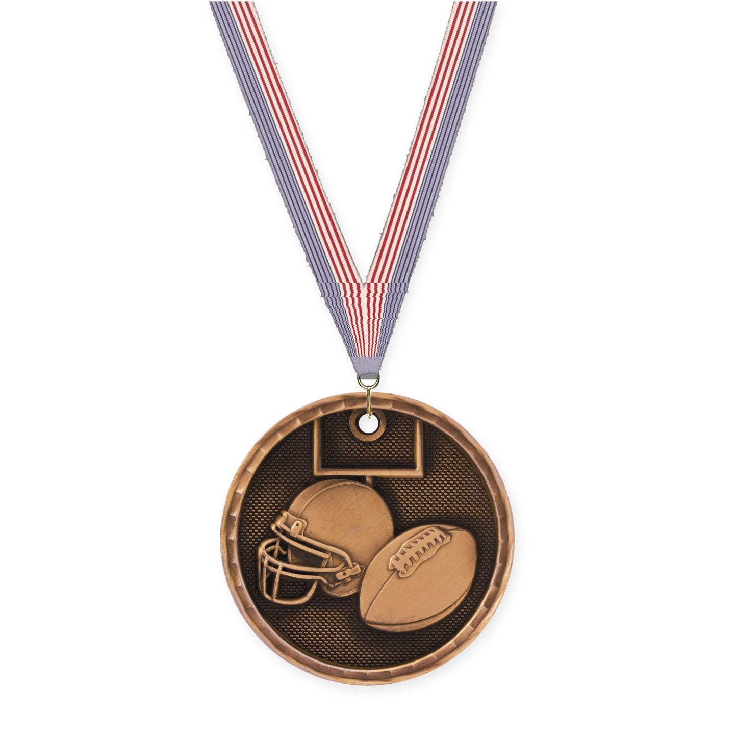 2 inch football 3-D medal in antique bronze with USA Flag neck ribbon