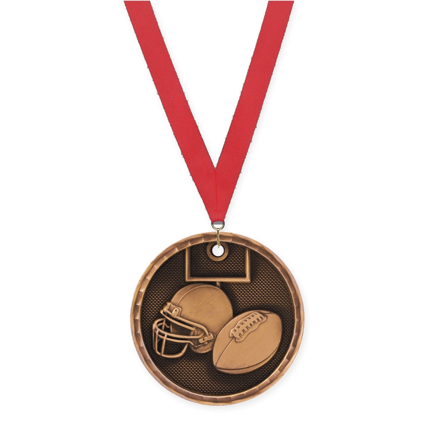 2 inch football 3-D medal in antique bronze with Red neck ribbon