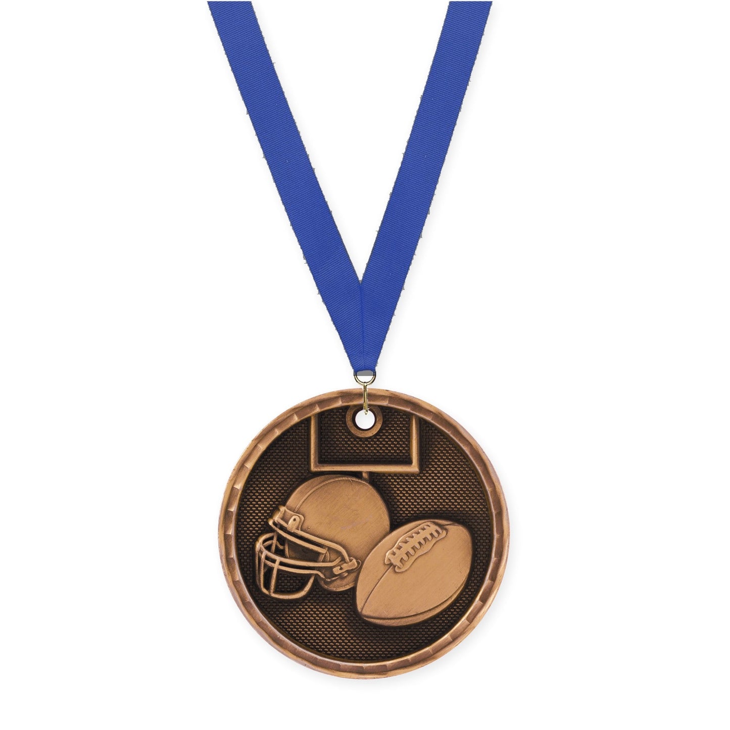 2 inch football 3-D medal in antique bronze with Blue neck ribbon