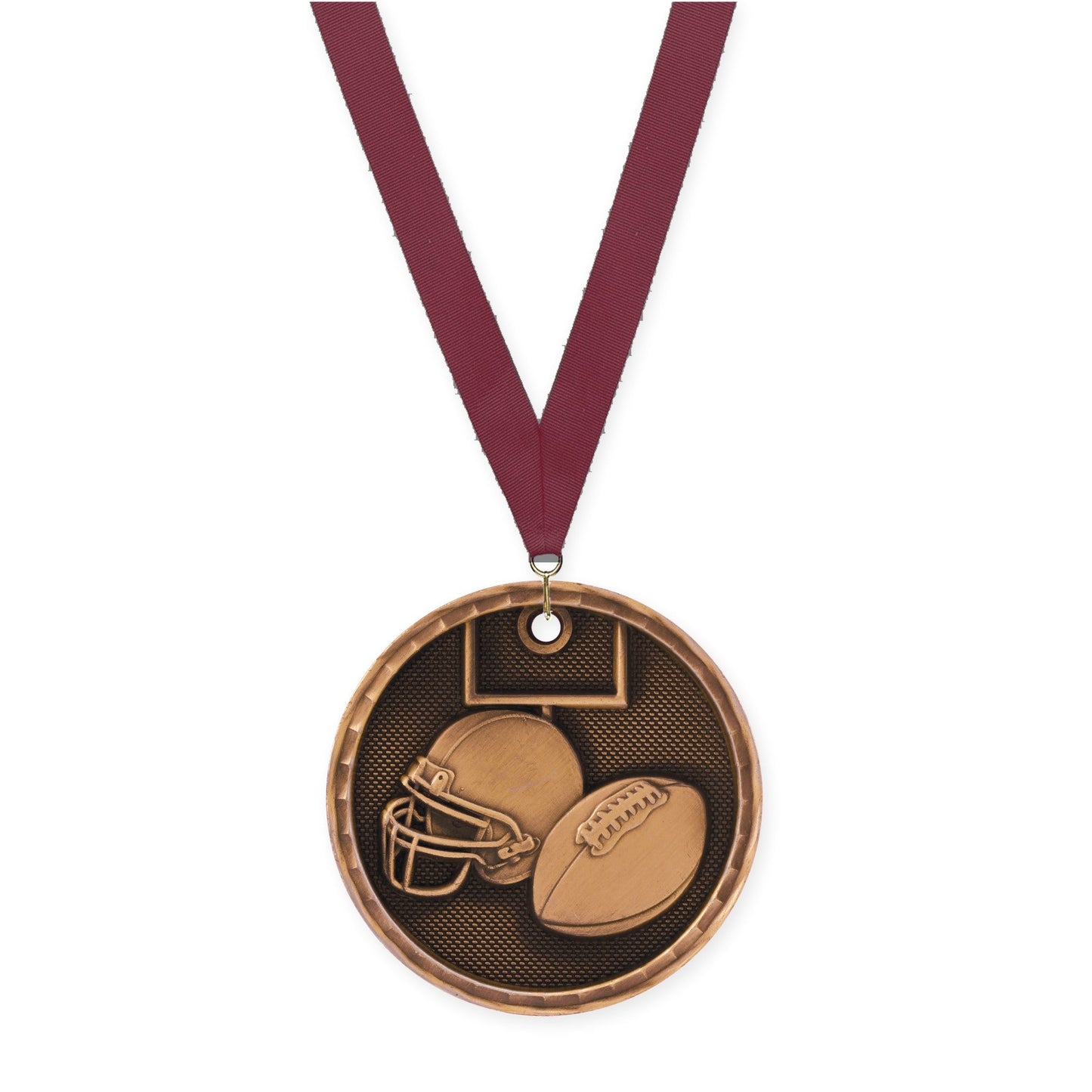 2 inch football 3-D medal in antique bronze with Maroon neck ribbon
