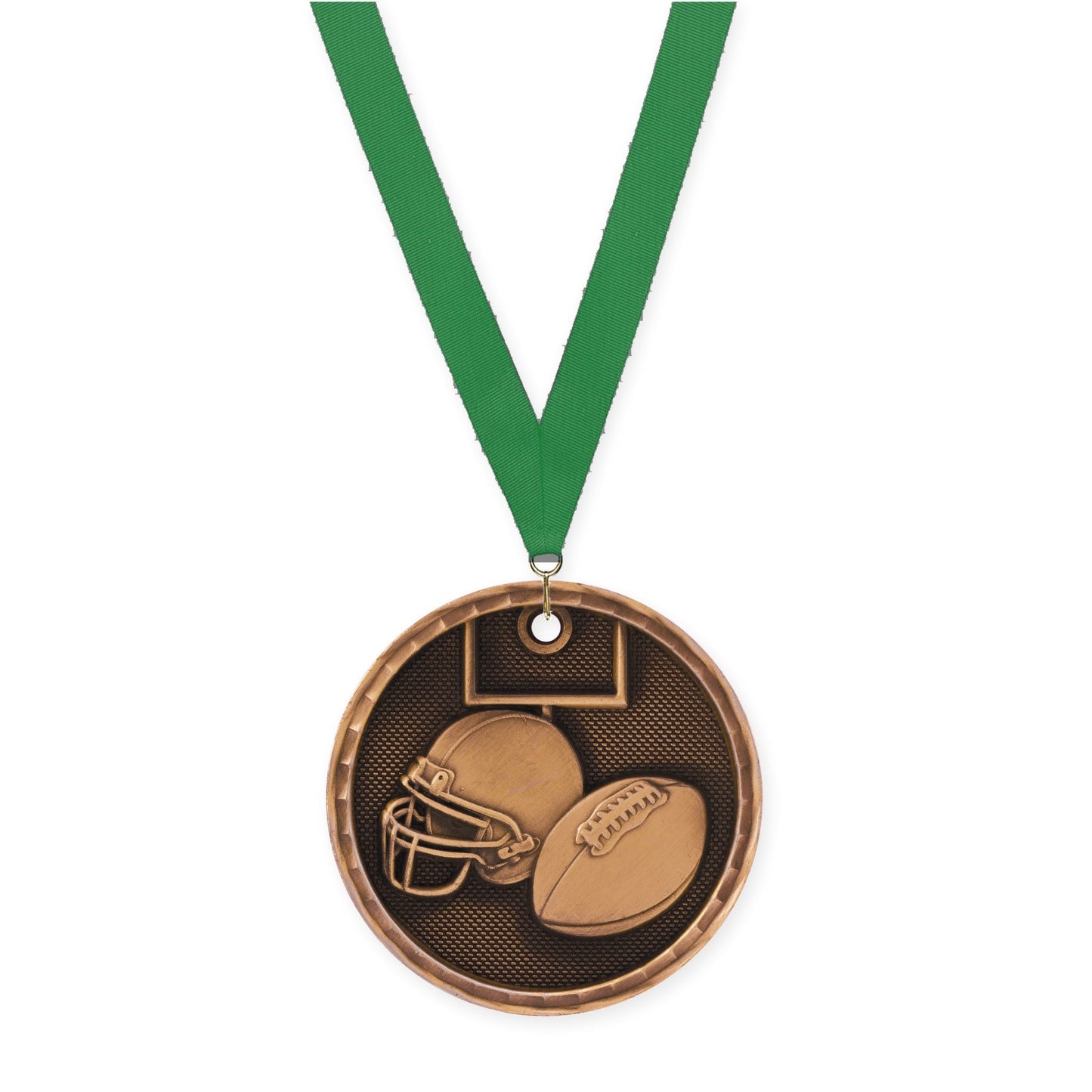 2 inch football 3-D medal in antique bronze with Green neck ribbon