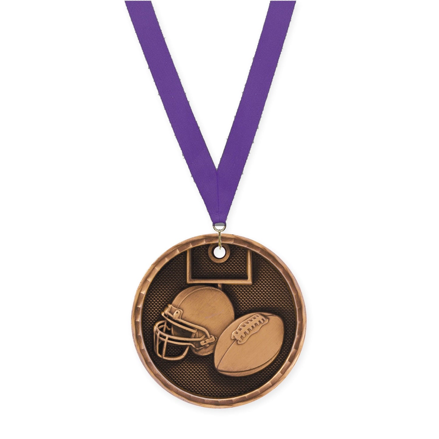 2 inch football 3-D medal in antique bronze with Purple neck ribbon