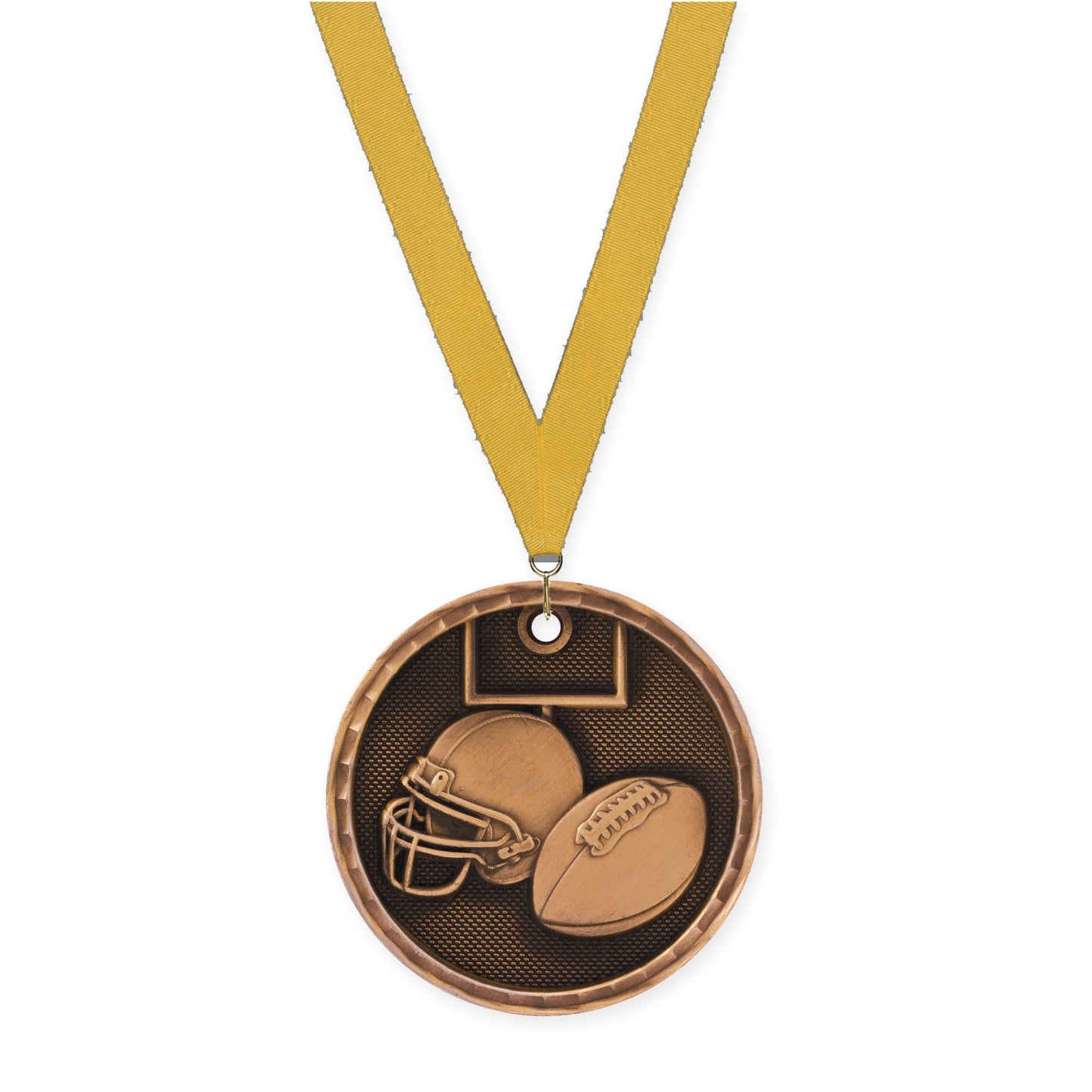 2 inch football 3-D medal in antique bronze with Gold neck ribbon