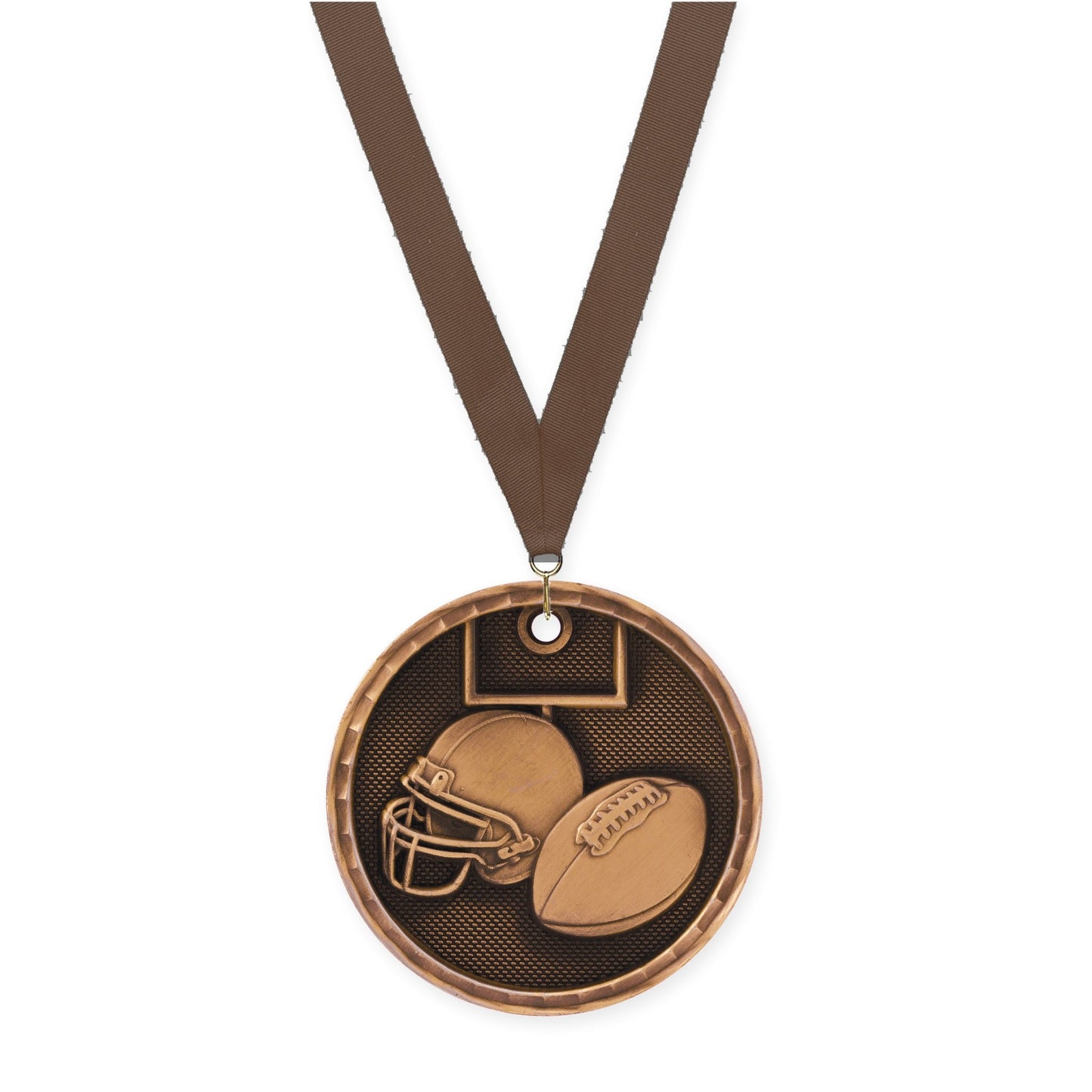 2 inch football 3-D medal in antique bronze with Brown neck ribbon