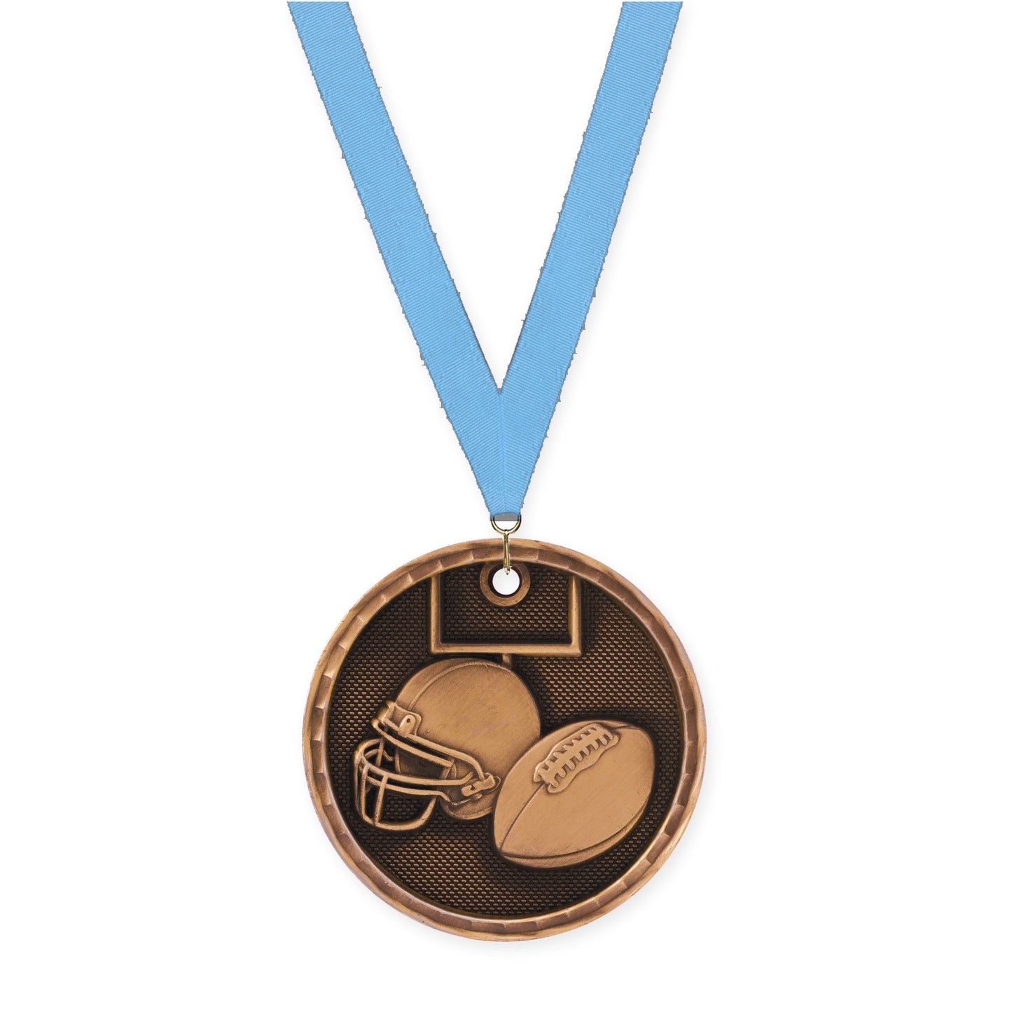 2 inch football 3-D medal in antique bronze with Light Blue neck ribbon