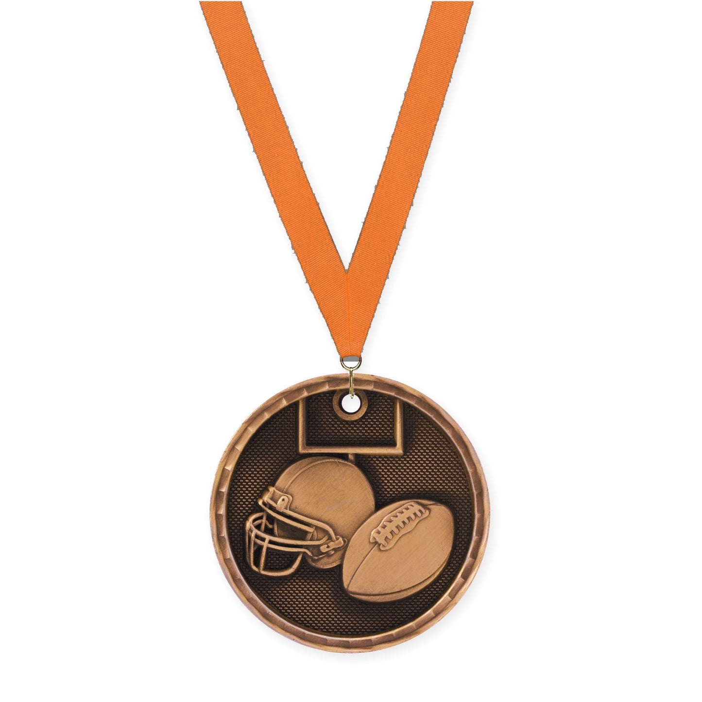 2 inch football 3-D medal in antique bronze with Orange neck ribbon