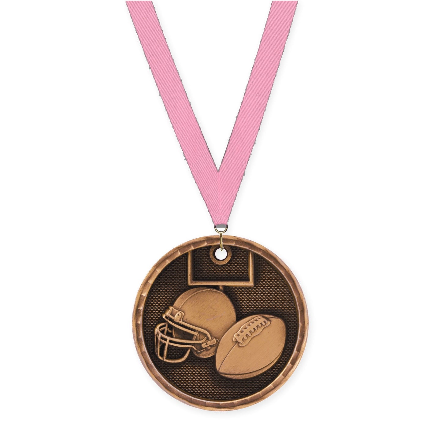 2 inch football 3-D medal in antique bronze with Pink neck ribbon