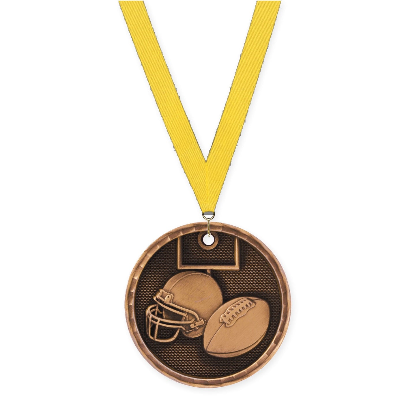 2 inch football 3-D medal in antique bronze with Yellow neck ribbon