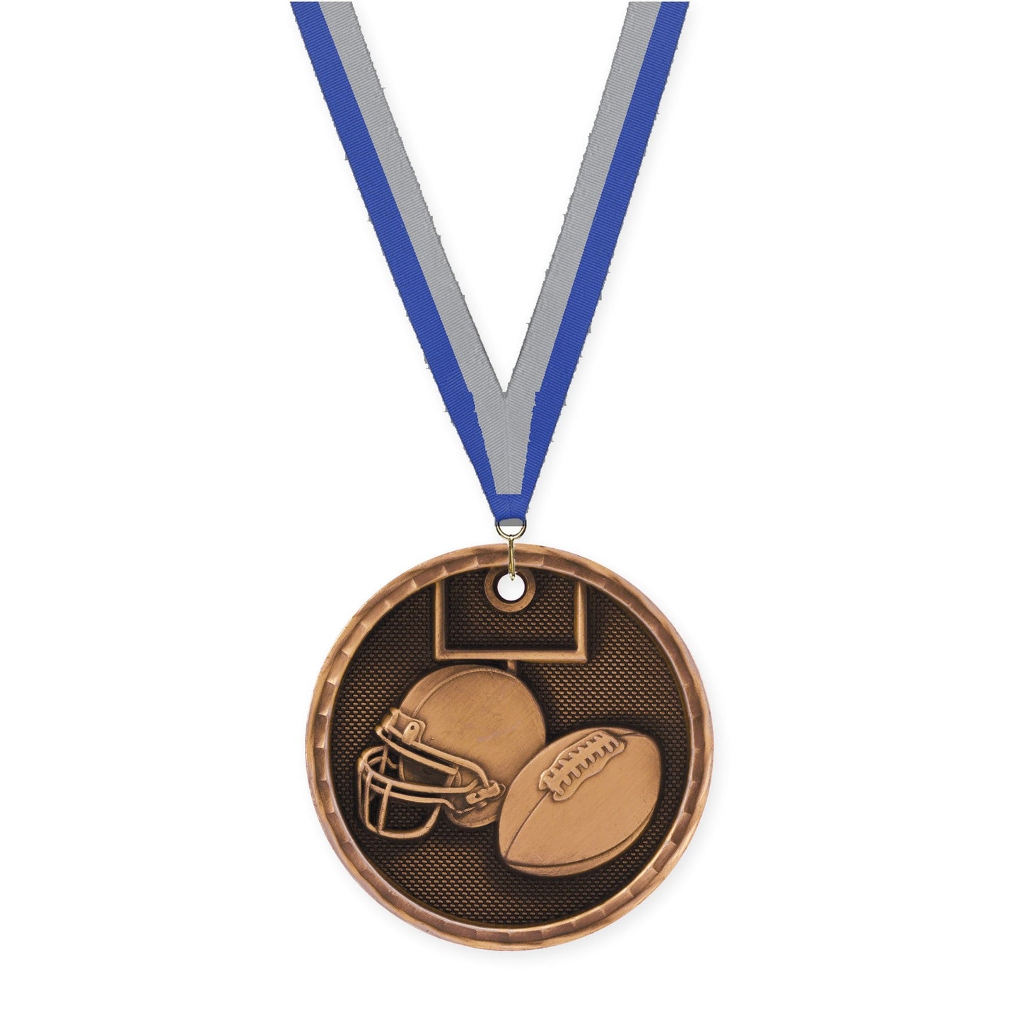 2 inch football 3-D medal in antique bronze with Blue Gray neck ribbon