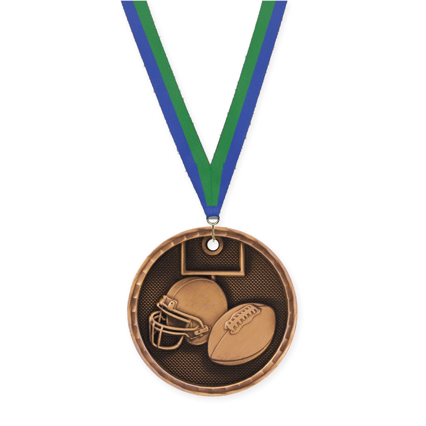 2 inch football 3-D medal in antique bronze with Blue Green neck ribbon