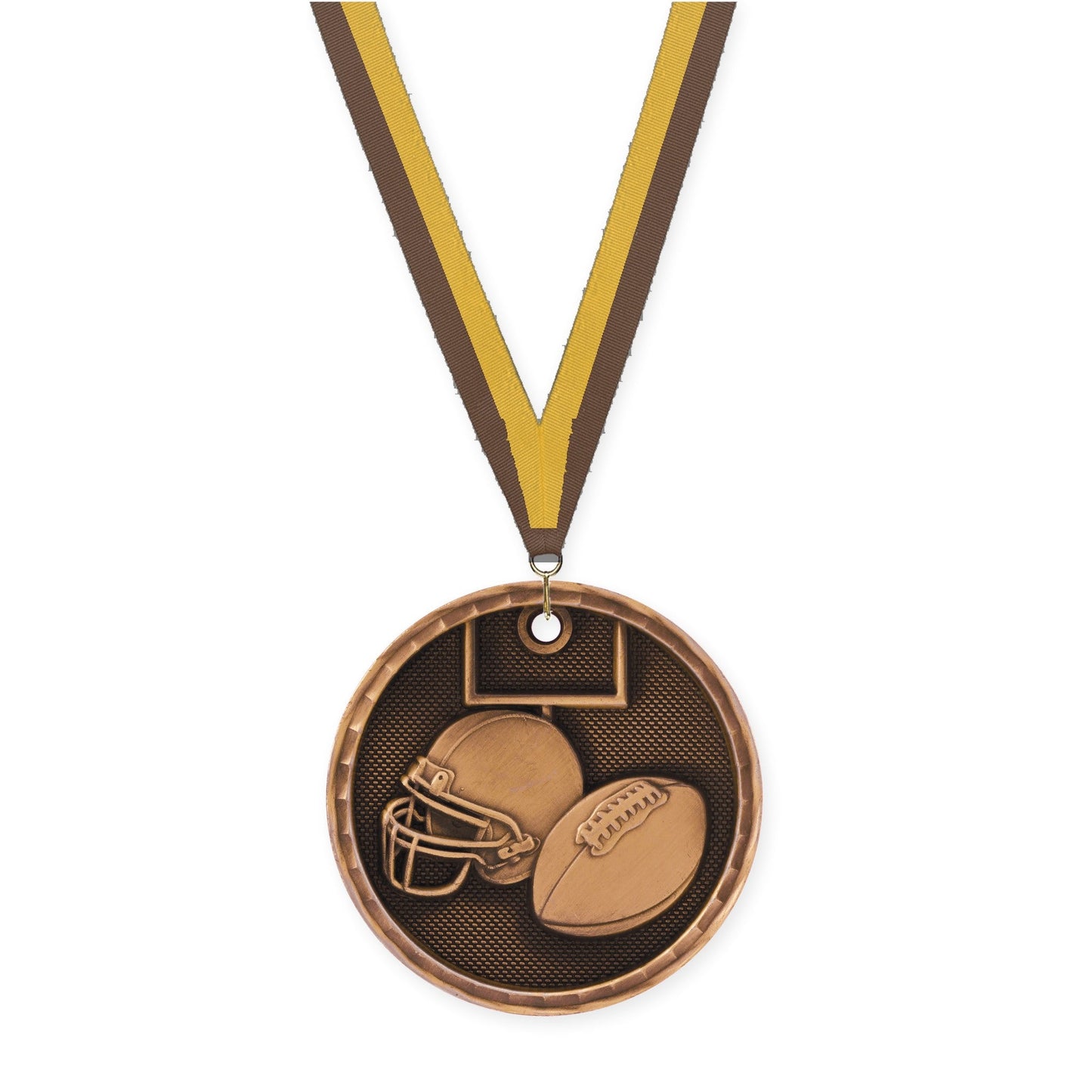 2 inch football 3-D medal in antique bronze with Brown Gold neck ribbon